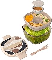Vista 8 de Bentgo Glass Todo en Uno - Ensaladera Grande de 61 oz con Tapa, Bandeja Estilo Bento de 4 Compartimentos, Contenedor de Salsa de 3 oz y Tenedor