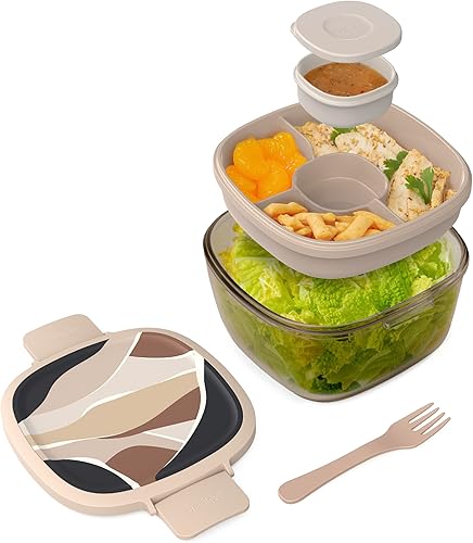 Miniatura 8 de Bentgo Recipiente de Ensalada de Vidrio Todo en Uno - Ensaladera Grande de 61 oz con Tapa, Bandeja Estilo Bento de 4 Compartimentos, Recipiente