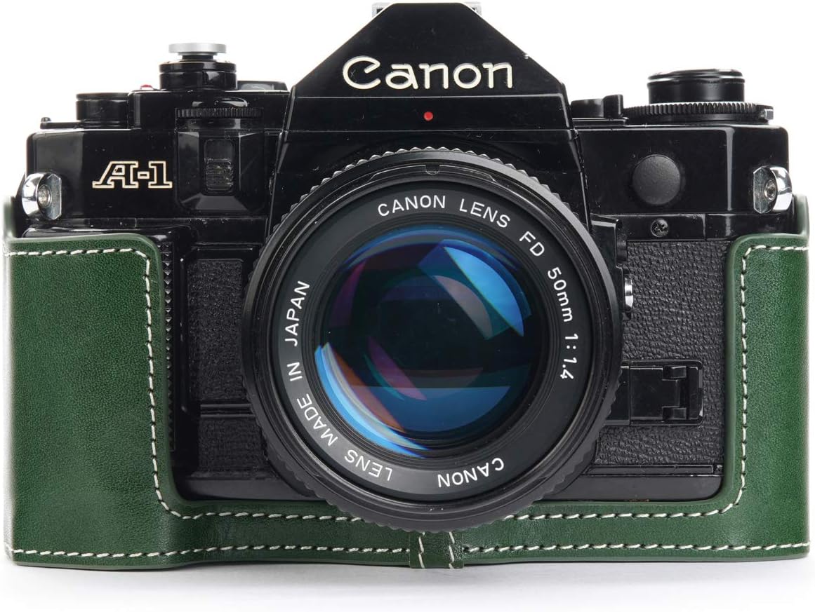 A-1 Case, BolinUS Handmade Genuine Real Leather Half Camera Case Bag Cover for Canon New AE-1 AE-1P A-1 (with Handle) Camera with Hand Strap (Green)