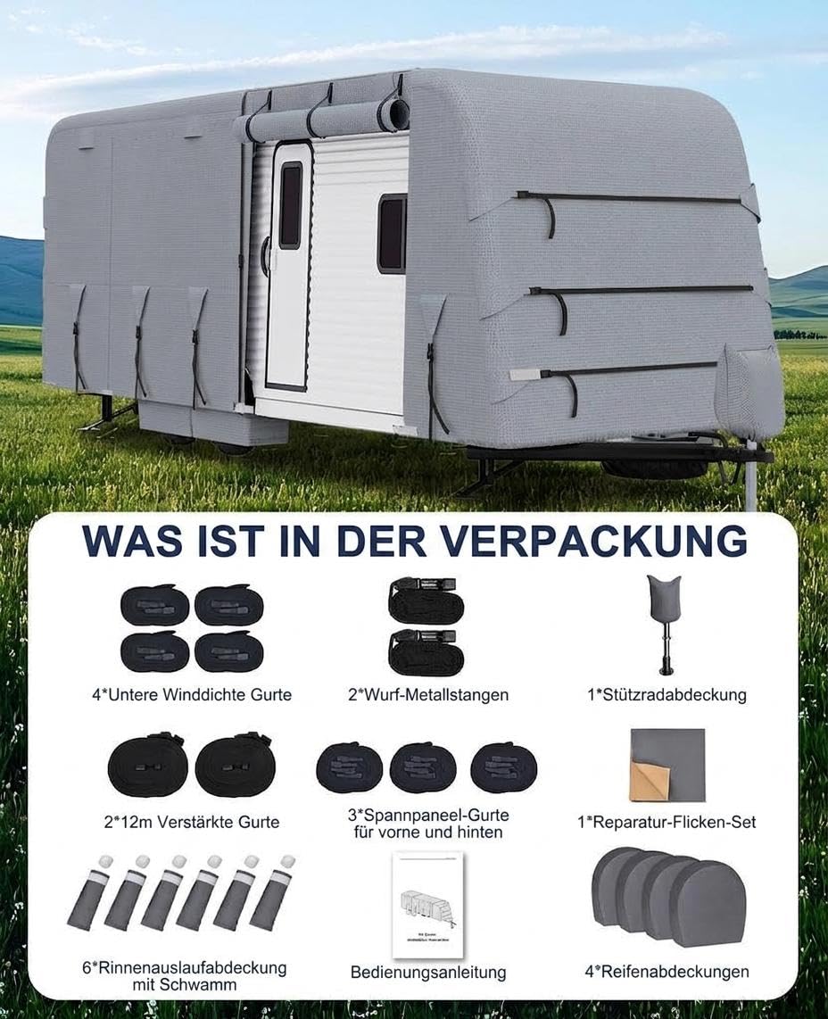 GarveeLife Wohnwagen/Wohnmobil Abdeckplane 4-Lagig 160 g/M² Dach + 3-Lagig 110 g/M² Seiten, Wasserfest, UV-Schutz (UPF 50+), Reißfest, Mit Lüftungsöffnungen, Rollbare Zugangspaneele