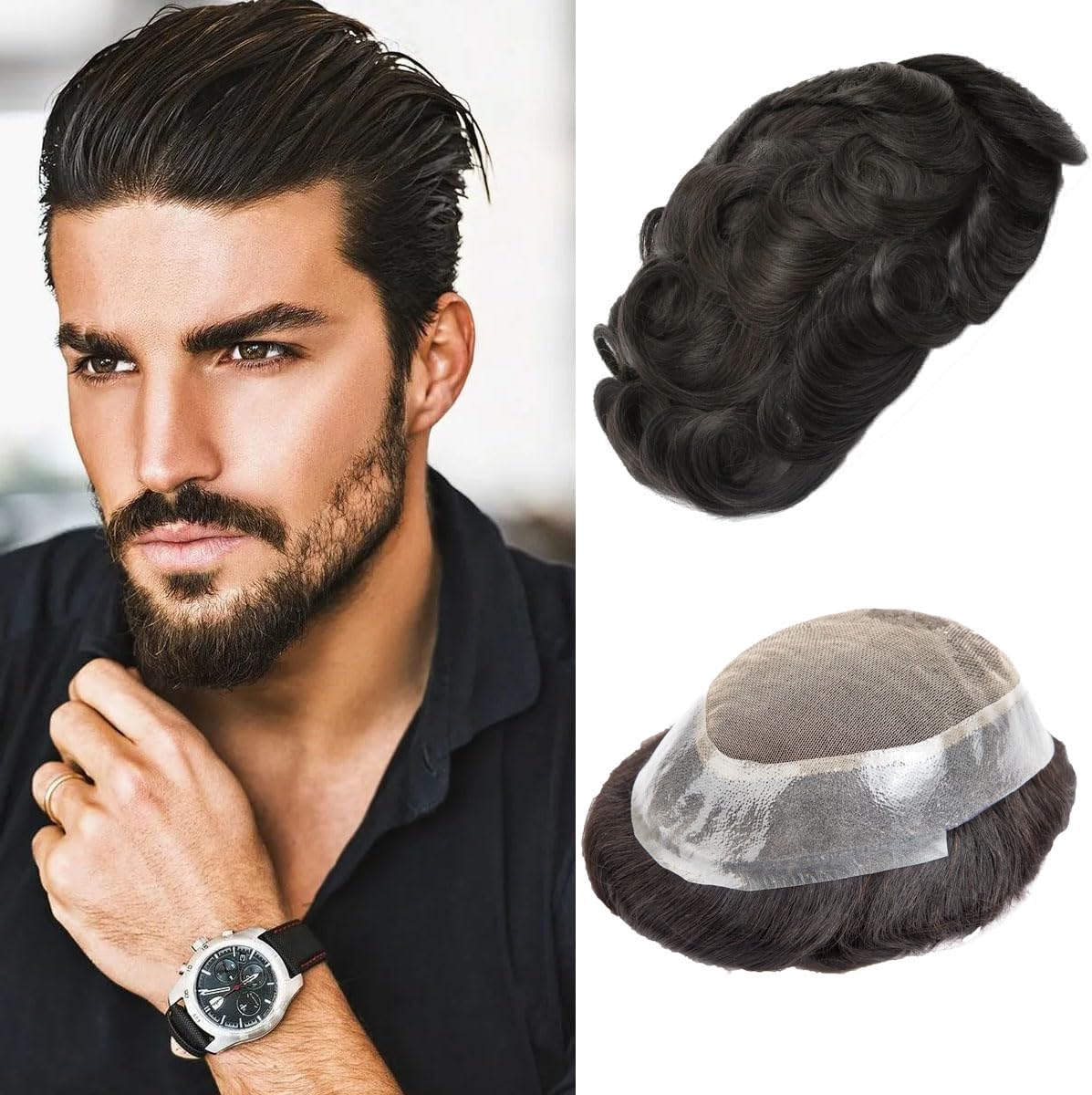 Mens Toupee French Lace Pu Front Hair System For Men Breathable Toupee For Men 100% Human Hair 120% Medium Density Base Size 8X10 Inch (#1B)