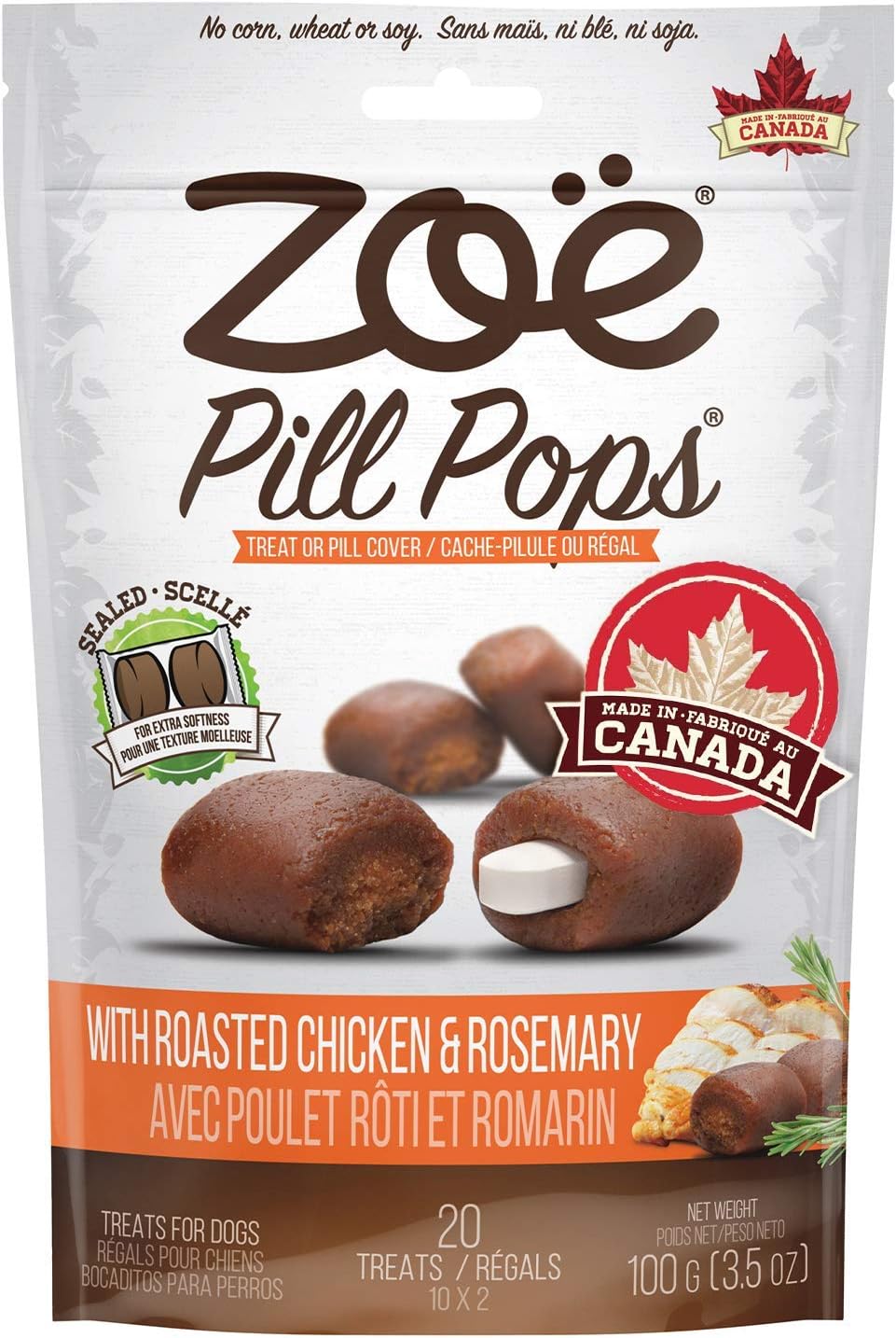 Zoe Zoë Pill Pops for Dogs, Healthy Dog Treats, All Natural Dog Treats to Hide Medication, Roasted Chicken with Rosemary Recipe, 3.5 oz