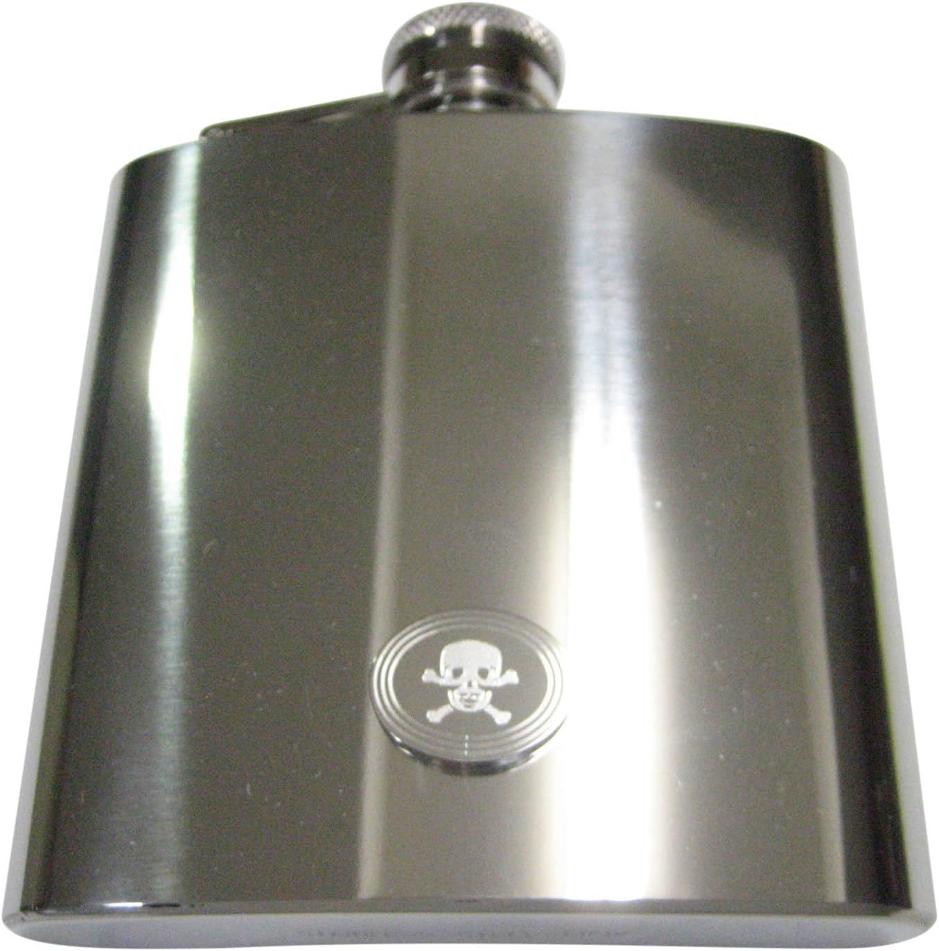 Kiola Designs Silver Toned Etched Oval Skull and Crossbones 6 Oz. Stainless Steel Flask