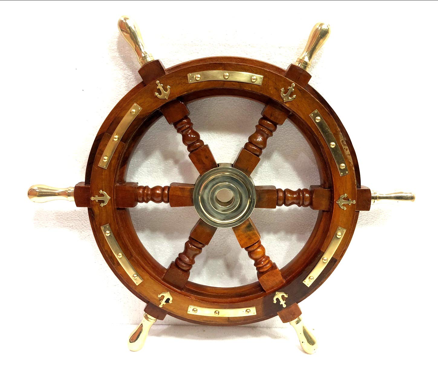 ANTIQUE Timone in legno massello 45,7 cm ancoraggio e strisce con maniglie in ottone decorazione da parete