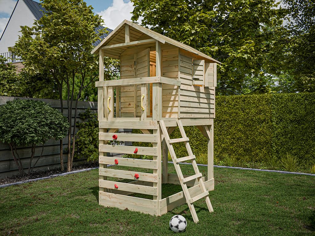 Stelzenhaus Luis Braun Grün, Kesseldruckimprägniertes Kiefernholz Stelzenhaus mit Veranda, Sandkasten, Kletterwand, Leiter, Spielhaus für Kinder Garten, 150 x 216 x 300 cm