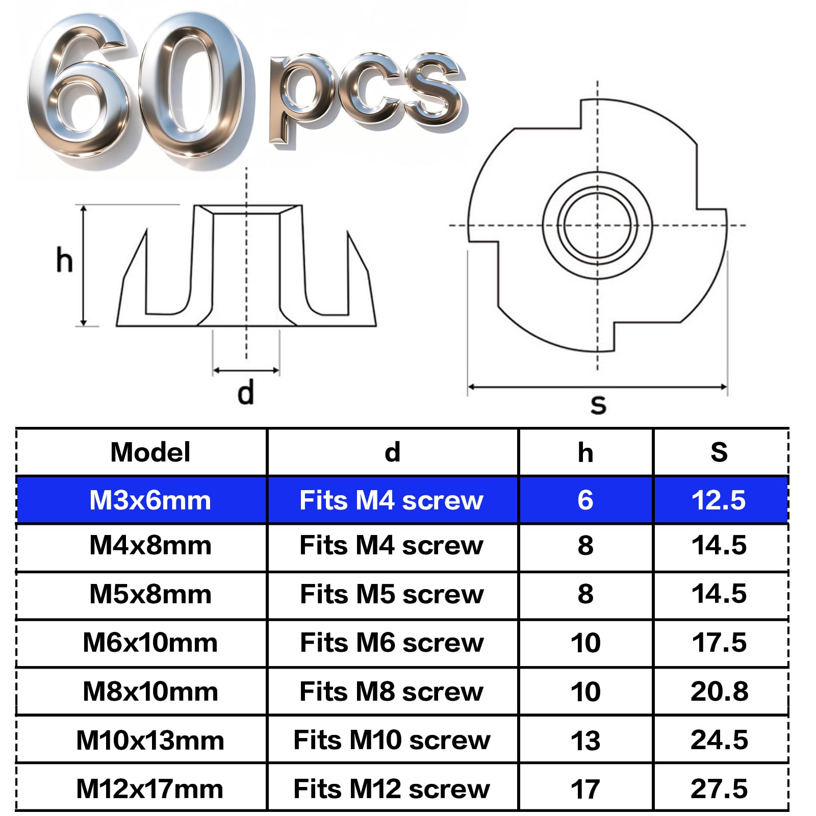 60 dadi a innesto M3 x 6 mm, in acciaio al carbonio zincato con 4 punte, per legno, tavole, mobili, artigiani, costruzioni, pareti da arrampicata, kit di viti, fai da te