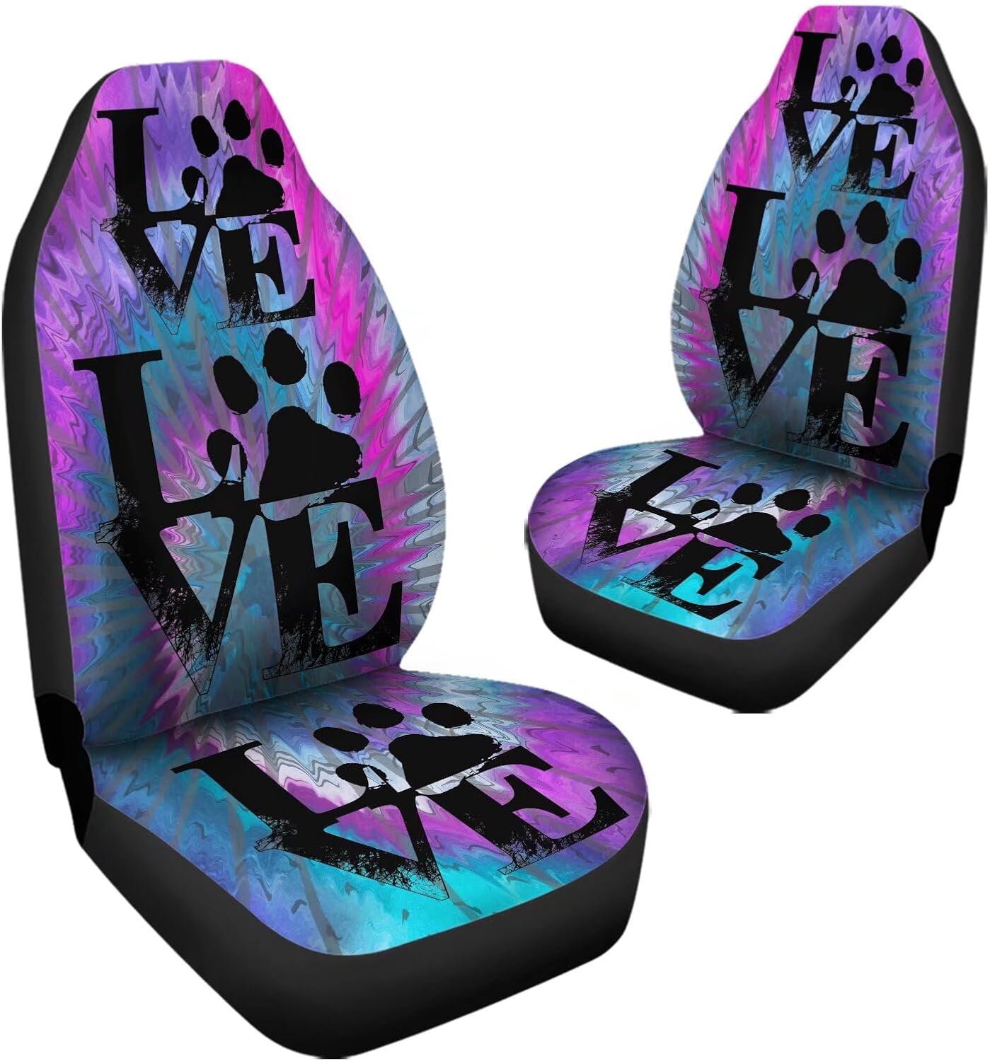 Universal Bucket Seats Cover Protector, 2 PCS Paw Print Waterproof Purple & Blue Tie Dye Auto Interior Accessory for Car Truck SUV