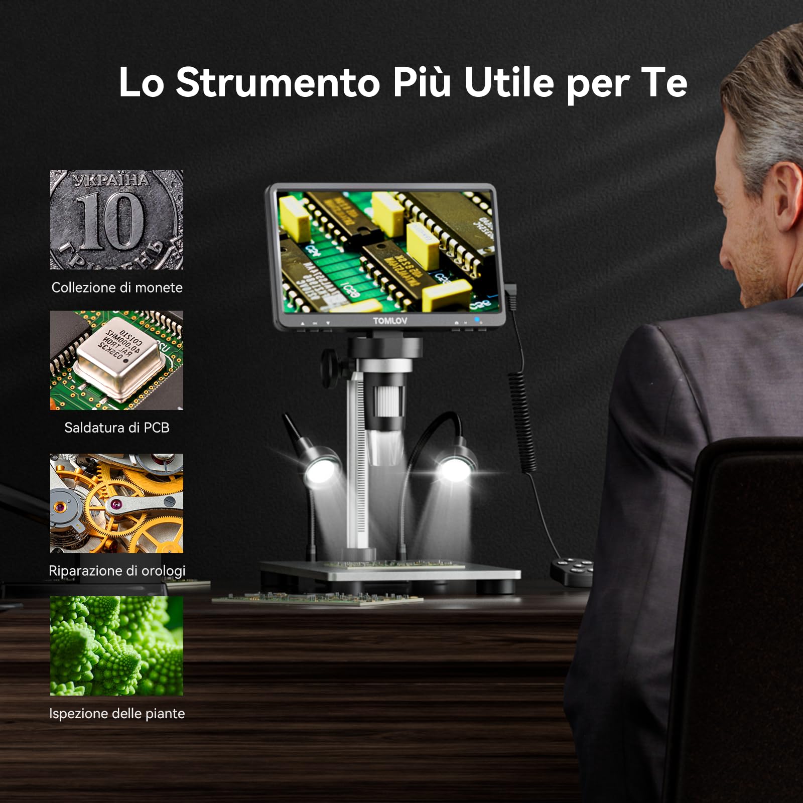 TOMLOV DM9 7" LCD Microscopio Digitale 1200X, Fotocamera 1080P da 12MP per Monete e Saldatura, Regalo per Adulti, con Supporto Metallo, Luce Regolabile, Compatibile PC/Windows/Mac OS, 32GB