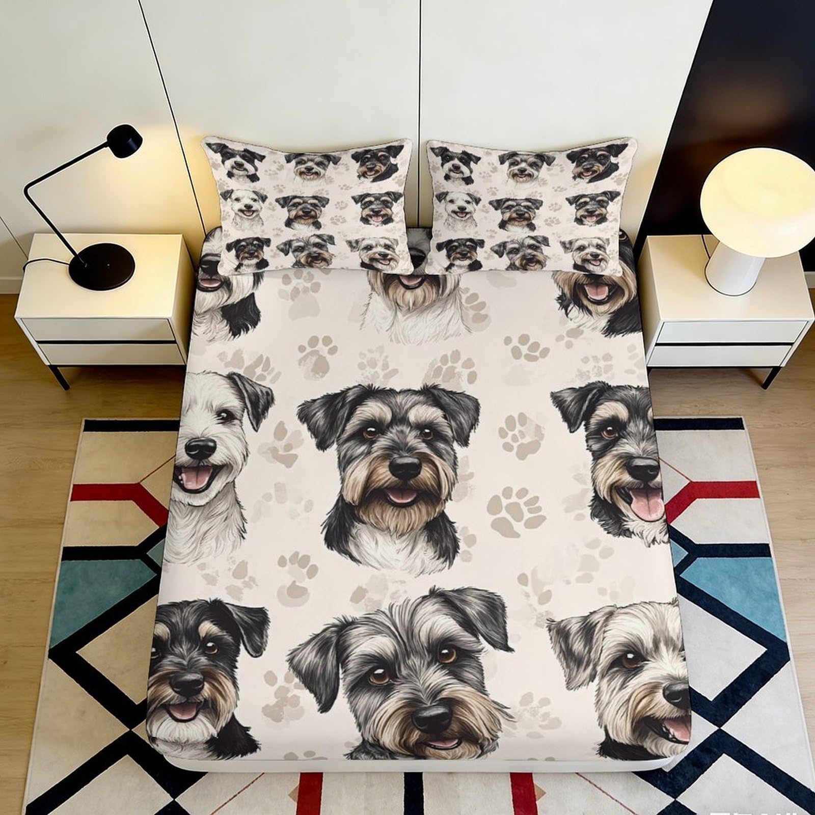 3D Printed Schnauzer Dog Pattern Fitted Sheet Microfiber Soft Breathable Paw Prints Bed Cover for Bedroom Guest Room 90x200x25cm