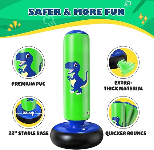 Miniatura 6 de QPAU Saco de boxeo inflable, bolsa de boxeo inflable estable de 48 pulgadas para 3-6 niños, juguete de dinosaurio y regalos para niños y niñas, Azul