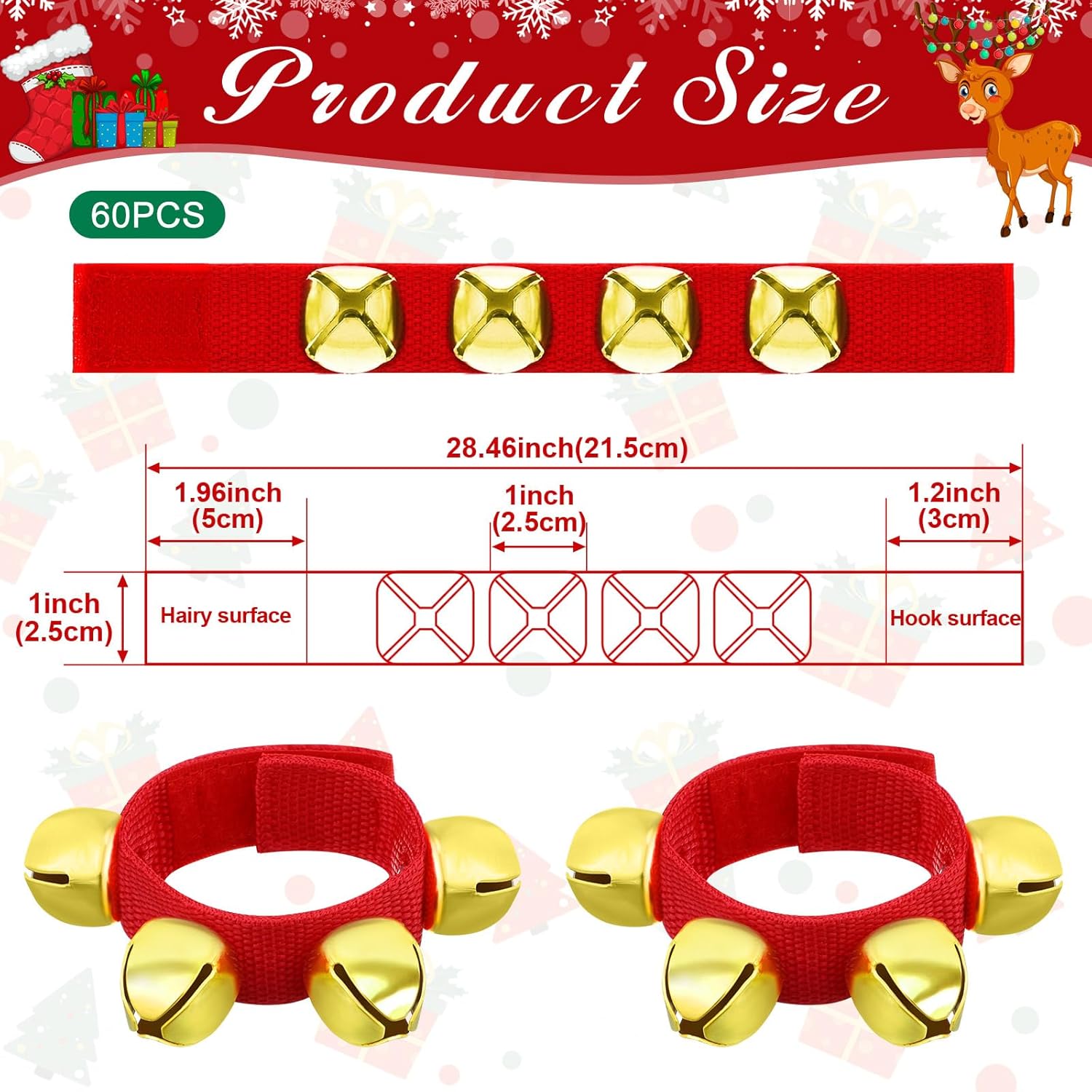 Poen 60 Pcs Christmas Wrist Band Bells Bracelets Wrist Band Jingle Gold Bells Bracelet Ankle Adjustable Wristband Bells for Christmas Wedding School Family Percussion Party Favors for Adults