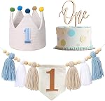 JUIIZAY Baby Boy First Birthday Party Decorations Blue High Chair Banner 1st Birthday Crown Cake Topper 1st Decor