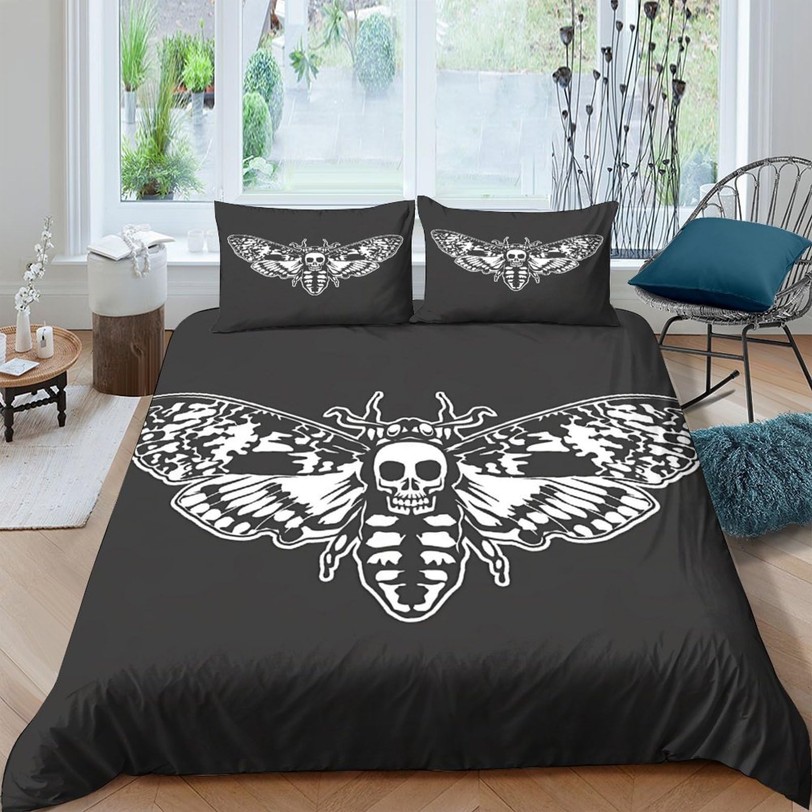 Ctjqhvkz Style-9 3D Printed Skull Moth Fitted Sheet Microfiber Black Bedroom Decor Gothic Death Head Mattress Cover For Home Dorm Easy Care Single（135X200cm）