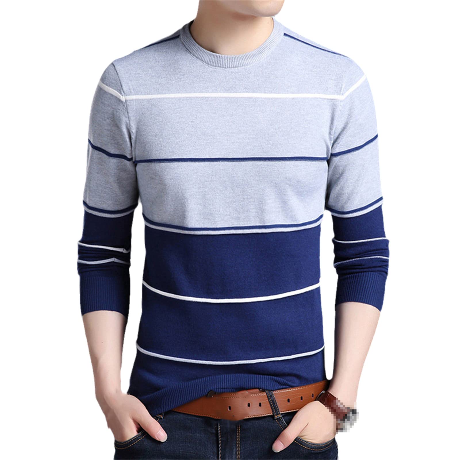 Vogrtcc Maglione Uomo Pullover A Righe Slim Fit Maglioni Maglieria Lana, Blu, 2XL