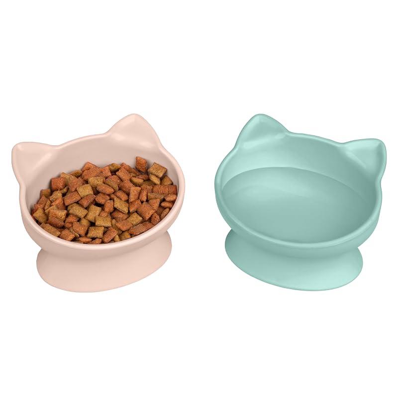 Potes Elevados para Gatos Kitty City, Tigelas Ergonômicas com Base Antiderrapante, 195 mL Cada, Beige & Teal, Pequeno, Pacote com 2