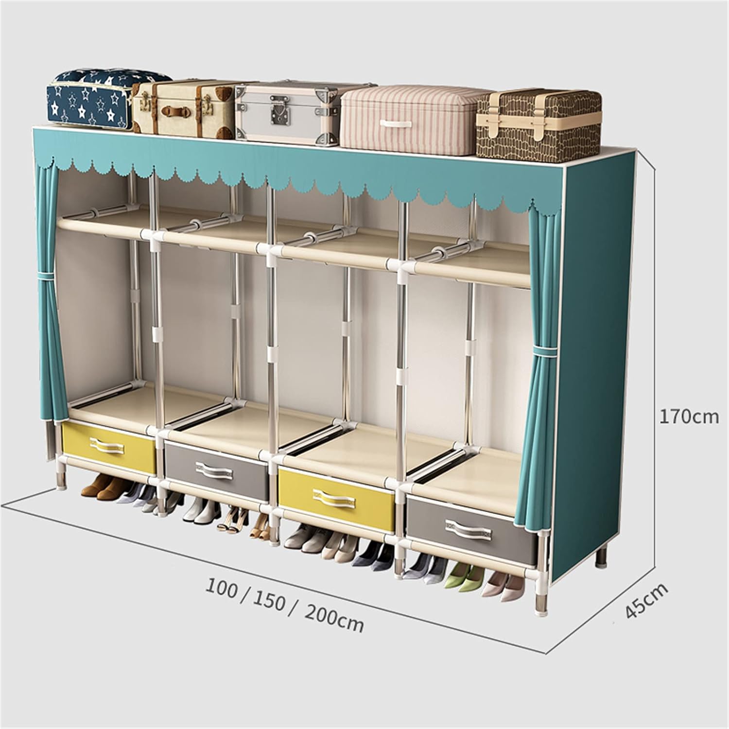 Open Wardrobe,Simplicity Fabric Canvas Cupboard Three Layers Storage Cupboard with Partition,Hanging Area,Storage Cubic Drawer(Size:170 * 45 * 150CM,Color:B) (C 170 * 45 * 150CM)