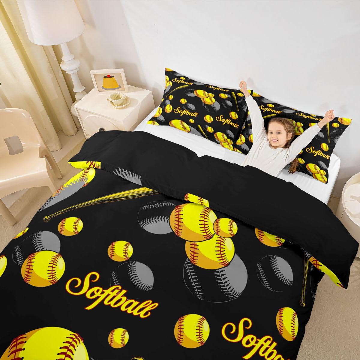 Erosebridal Softball Bedding Set Queen Size, Sports Games Duvet Cover for Kids Girls Teens Room Home, Yellow and Black Comforter Cover Softball Gifts