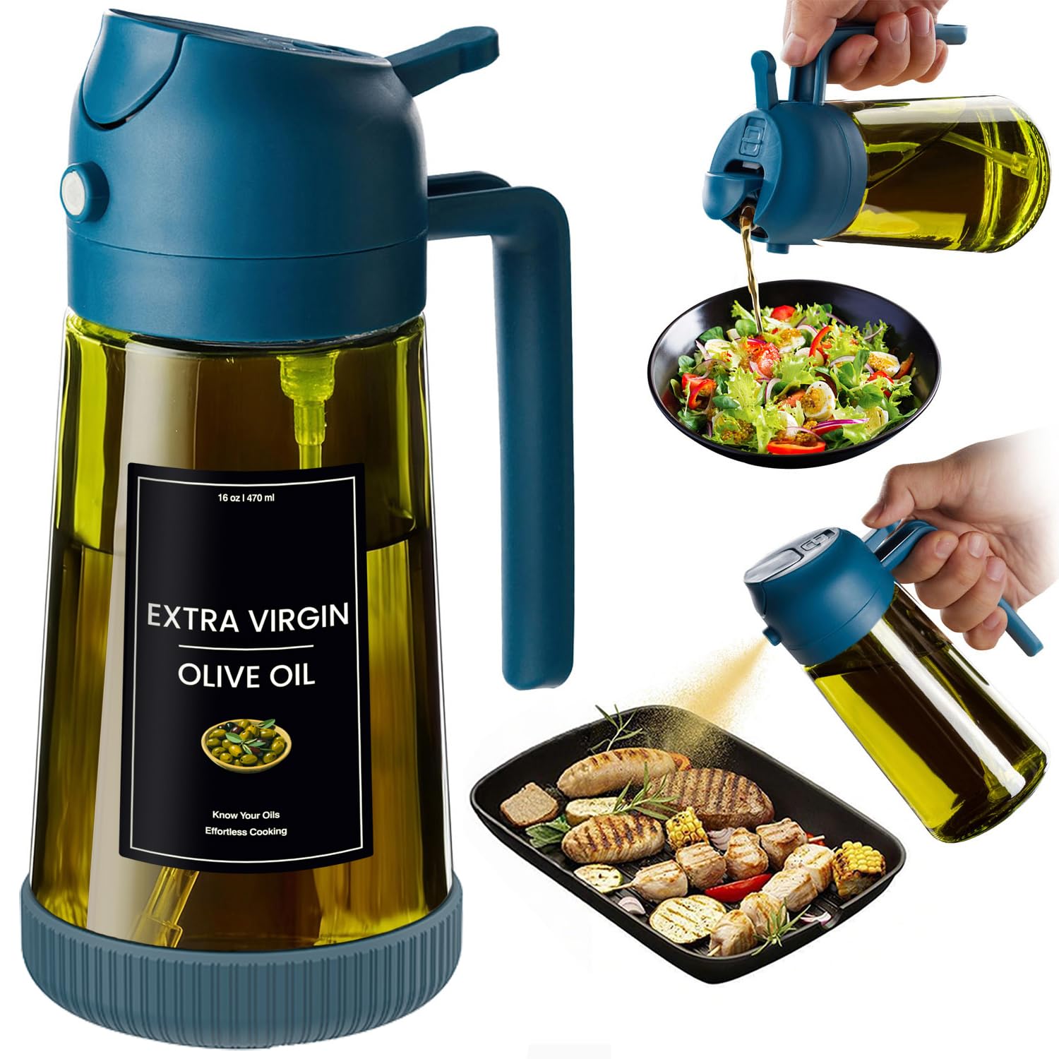 CXINYI 470ml Öl Sprühflasche, 2-in-1 Ölsprüher mit Silikonmatte Blau | Ölsprüher für Speiseöl, Sprühflasche Öl, Ölspray für Airfryer, Küchenutensilien, 8 wasserfeste Etiketten, Ölspender