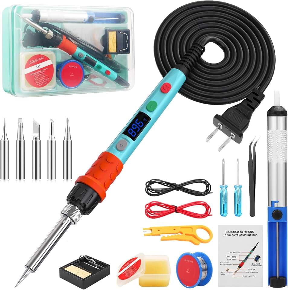 Q-MING Kit de ferro de solda, kit de pistola de solda digital de ferro de solda LED 90W com aquecedor de cerâmica, kit de ferro de solda de solda de temperatura ajustável de 110-220 V, hibernar