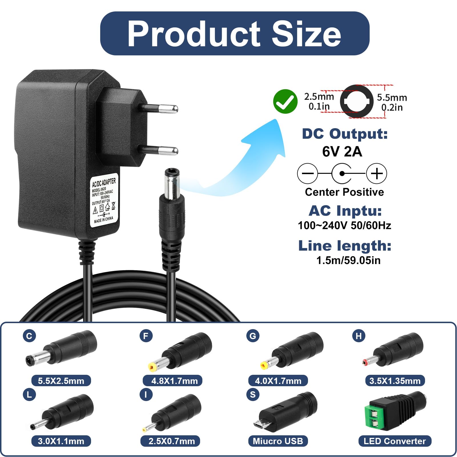 6V 2A Adaptador de Corriente Transformador AC DC con 8 Conectores Fuente Alimentacion Estable Cargador Alimentador 12W para 500mA 1000mA 1500mA 2000mA Tensiómetro LED Cámara CCTV Router Juguete — view 2
