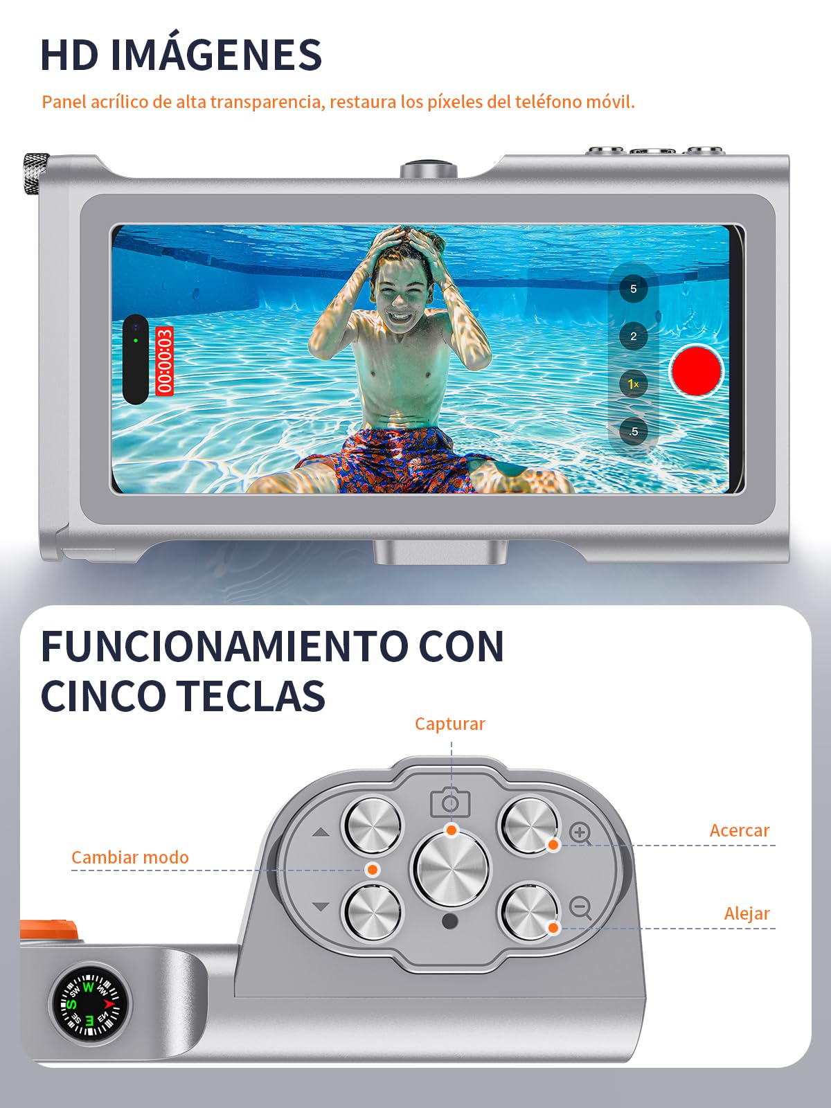 Lanhiem Funda Impermeable Profesional subacuática IP68 15M - para teléfonos iPhone, Samsung, Huawei y Xiaomi (hasta 6,9"). Control fotográfico Bluetooth y brújula para Tus Aventuras, Gris
