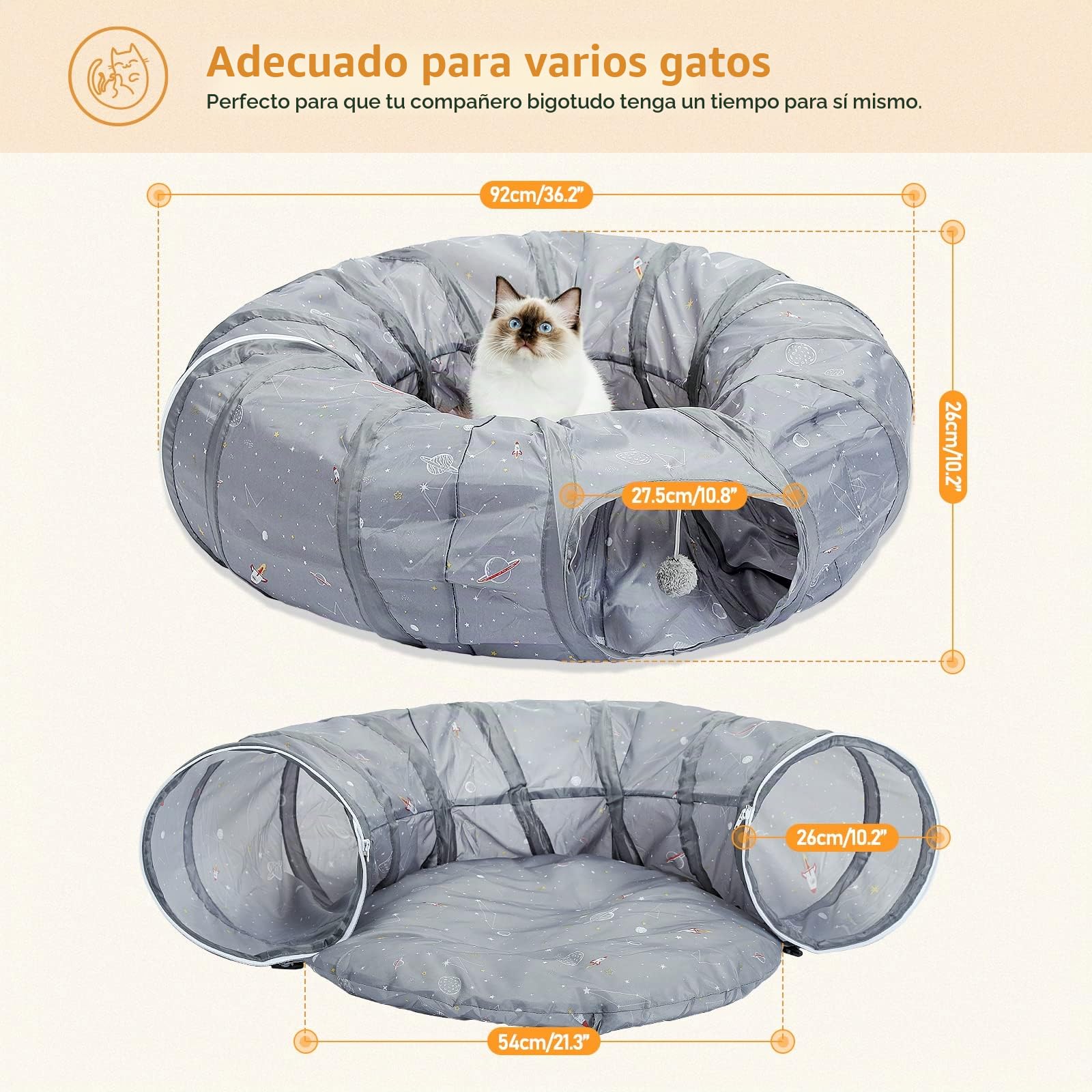 PAWZ Road Túnel para gatos, cama túnel para gatos con alfombrilla central blanda y juguetes de peluche, tubo túnel plegable con bonitos estampados de cohetes para gatitos, conejos de interior