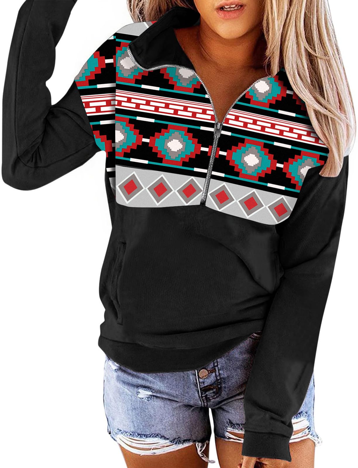 Women's 2024 Casual Aztec Cow Print Zipper Collar Pullover Sweatshirt Western Cowgirl Ethnic Style Hoodies