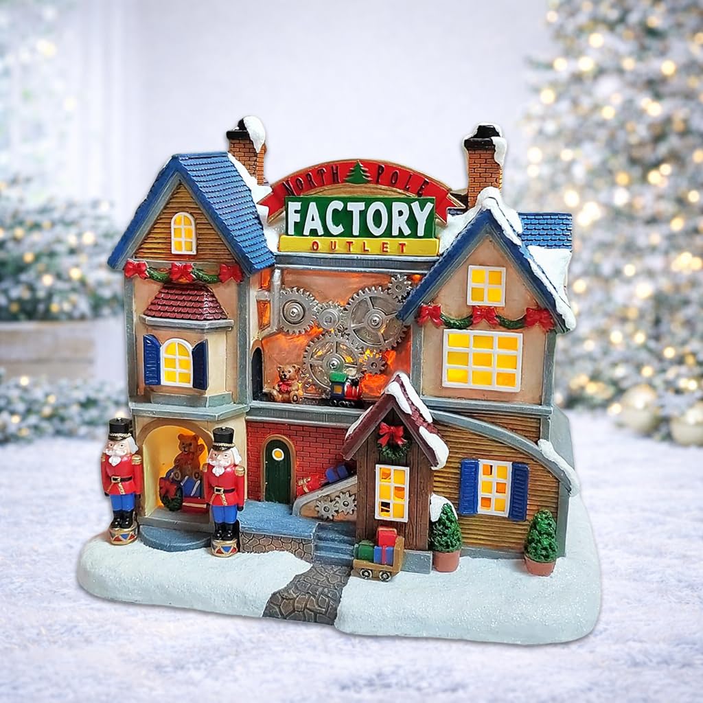 MOMENTS IN TIME 8,2 "H Polyresin Christmas Village LED podświetlana fabryka gniazd bieguna północnego (B/O)