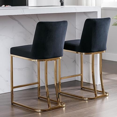 Miniatura 1 de Taburetes de bar modernos de mediados de siglo con base de metal dorado y reposapiés sillas tapizadas de terciopelo de 24 pulgadas para isla de