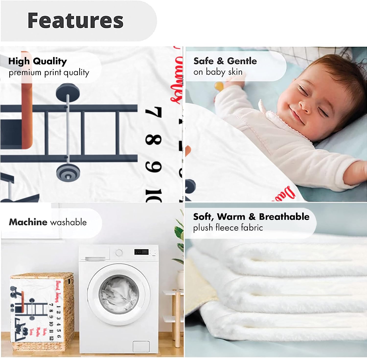 Personalized Fitness Gym Baby Blanket, Custom Name Workout Equipment Milestone Mat, Soft Fleece Weightlifting Tracker, Gym Rat Nursery Photo Prop, Monthly Growth Chart