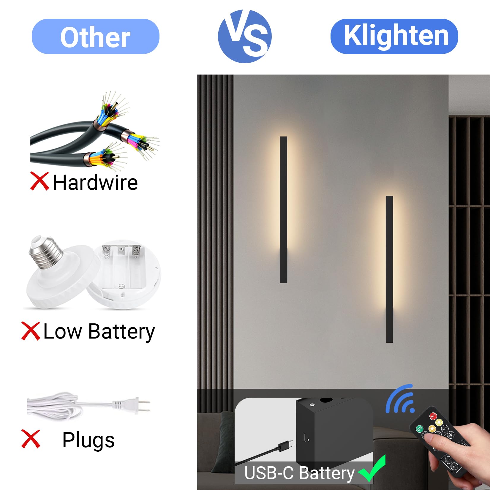 Klighten LED Wandleuchte 60cm - Akku Dimmbar Mit Fernbedienung 3000K-6000K