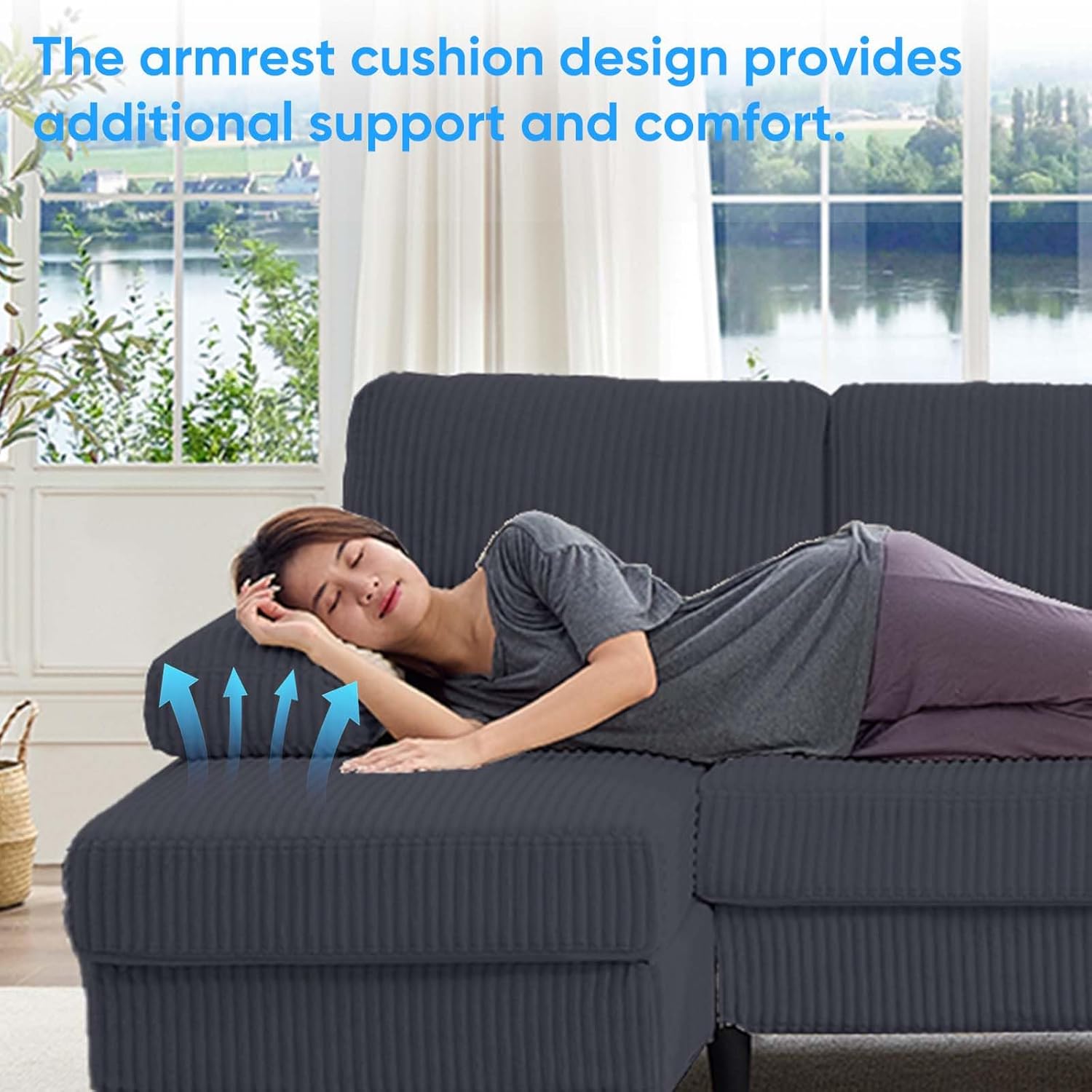Mjkone 110" W U-Shaped Sectional Sofa Couch, Corduroy Oversized Sleeper Couches with Deep Seat, Upholstered 4 Seater Sofa Set with Double Chaise for Living Room Home Office, Dark Grey