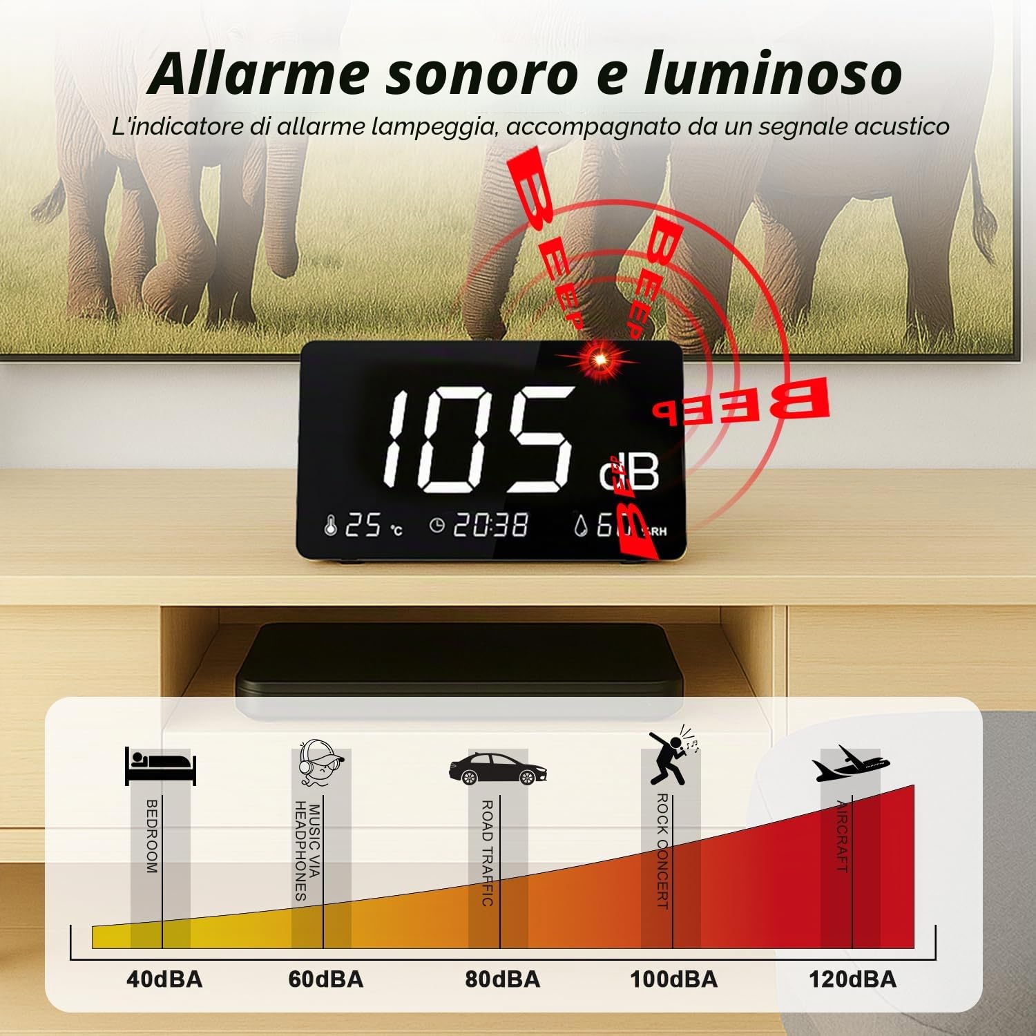 Misuratore di livello sonoro con registrazione dati, 30-130dB Digital Noise Decibel Meter con funzione di allarme, 26000 registrazione ed esportazione dati, ponderato A, ricaricabile per casa