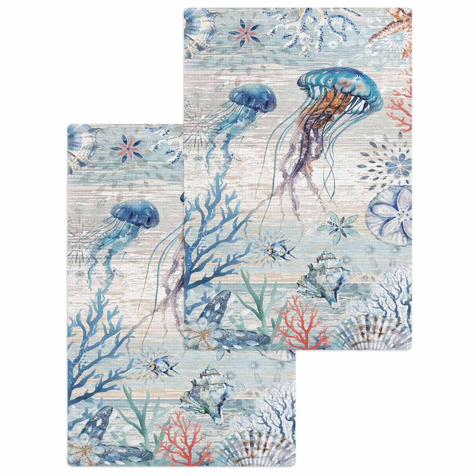 Blue Jellyfish Hand Towels Set,Waffle Weave Kitchen Towels 2 Pieces,Microfiber Hair Face Bath Tea Towel Absorbent Drying Cleaning Dish Cloth,Coastal