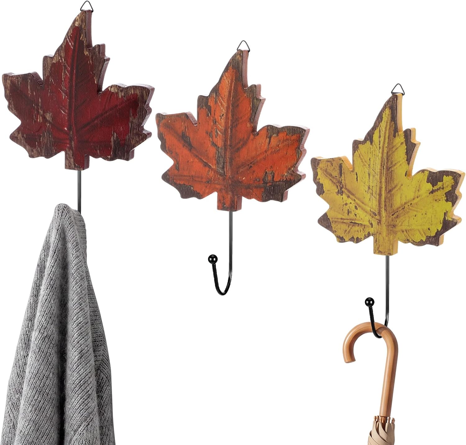 3 Maple Leaves Fall Wall Hooks Wooden Rustic Coat Key Hanger
