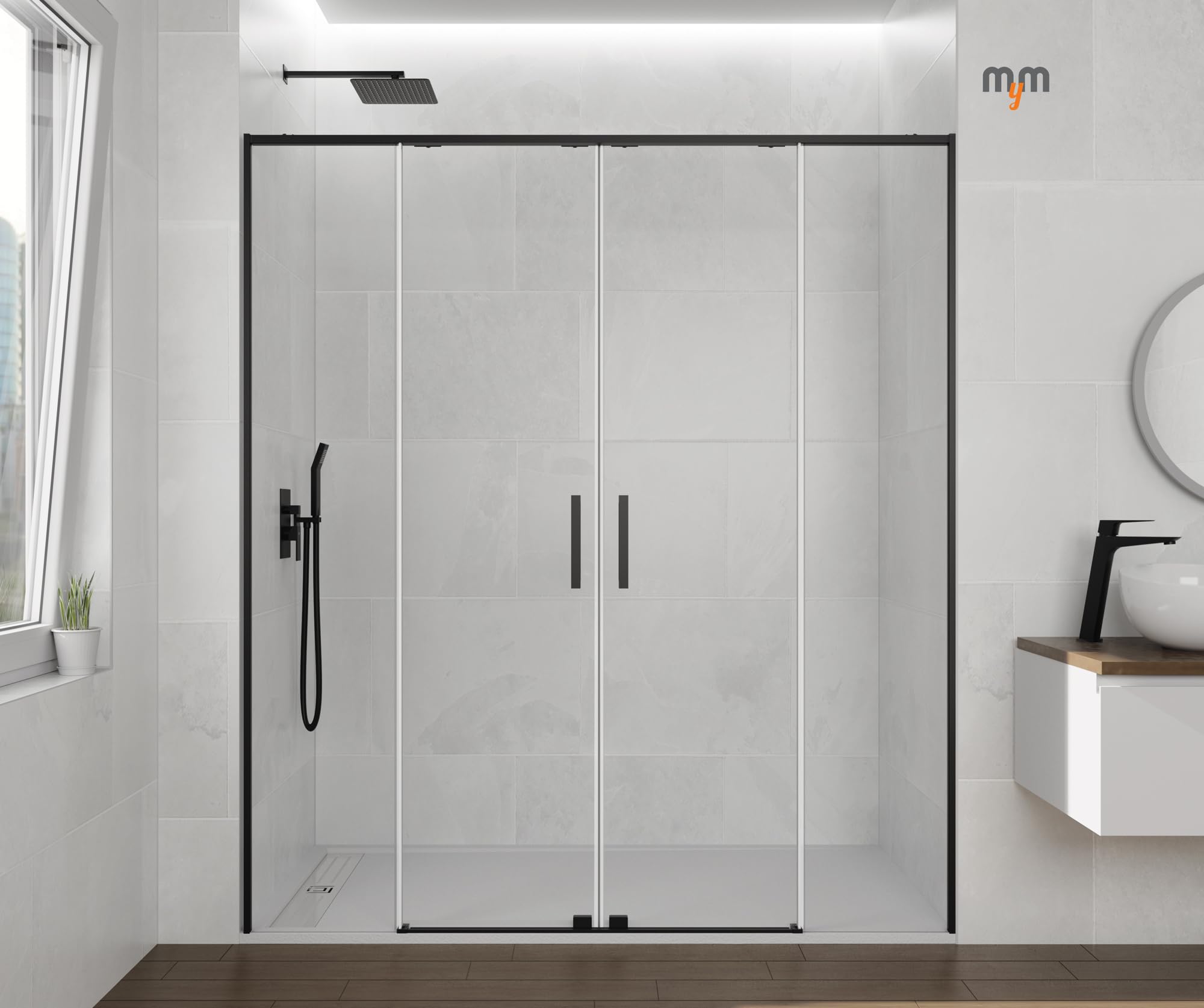 GME TWENTY Mampara Ducha Frontal 2 Fijos 2 Correderas Negro Mate 161-171 cm