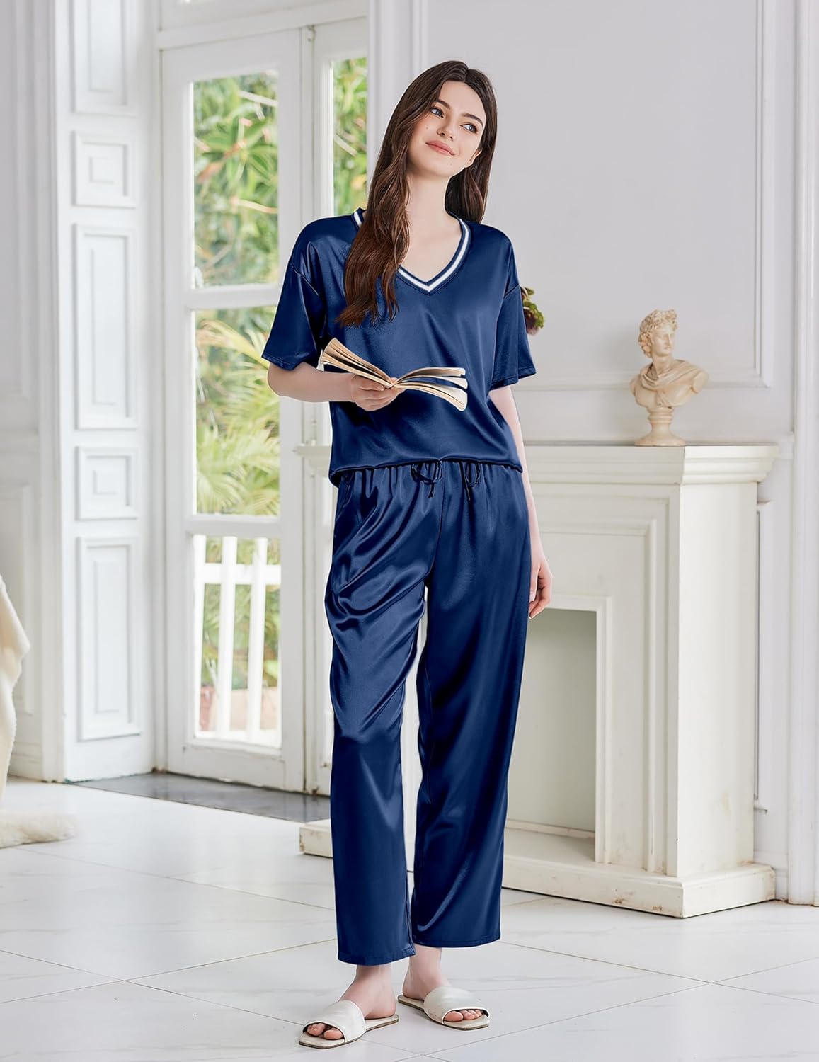 Ekouaer Satin Pajama Set for Women Short Sleeve Silky Pjs 2 Piece Lounge Sets Soft Comfy Sleepwear Loungewear S-XXL - Image 4