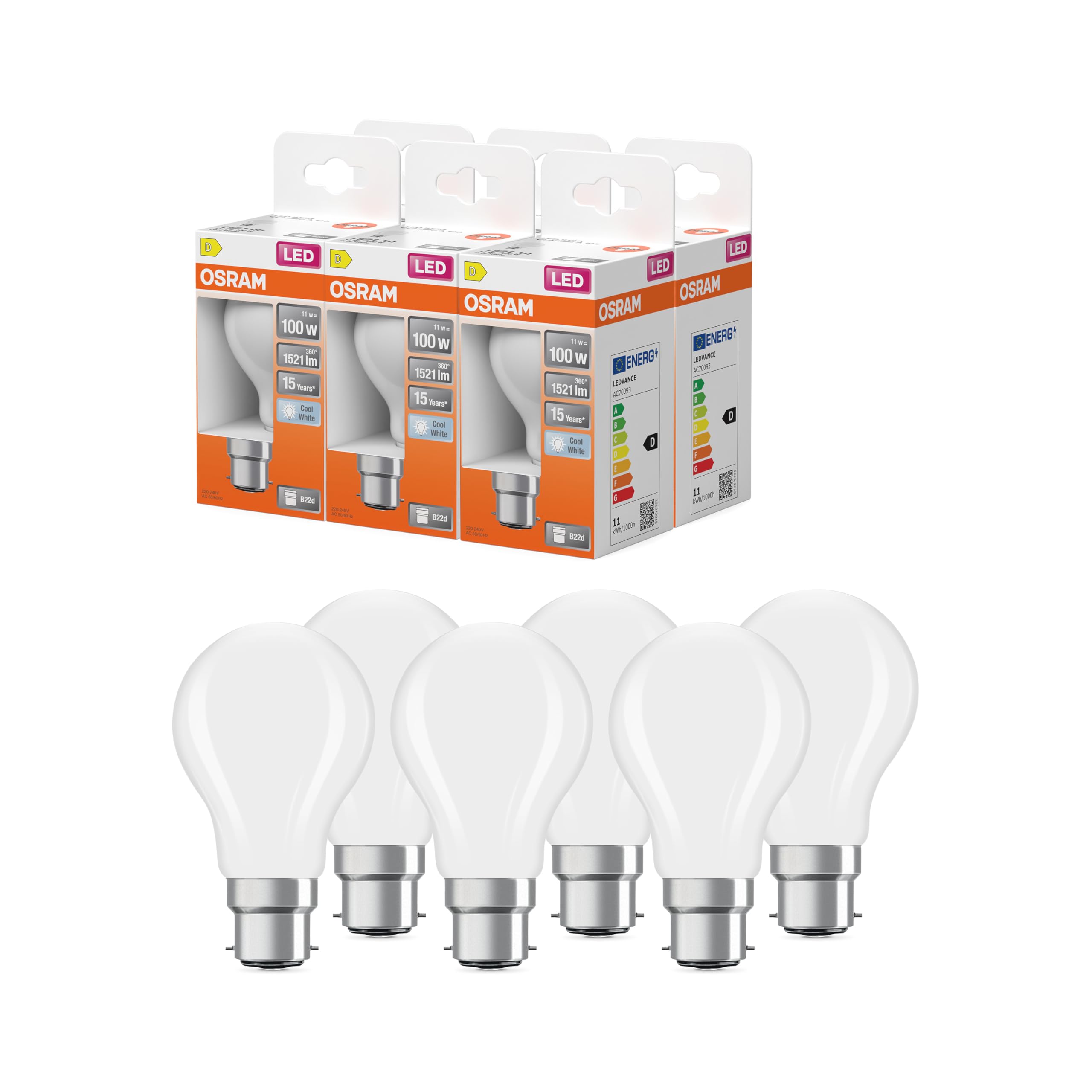 OSRAM LED Star Classic A100, Frosted Filament LED lamp in Bulb Shape, B22d Base, Cool White (4000K), Replaces Conventional 100W Bulbs, Pack of 6