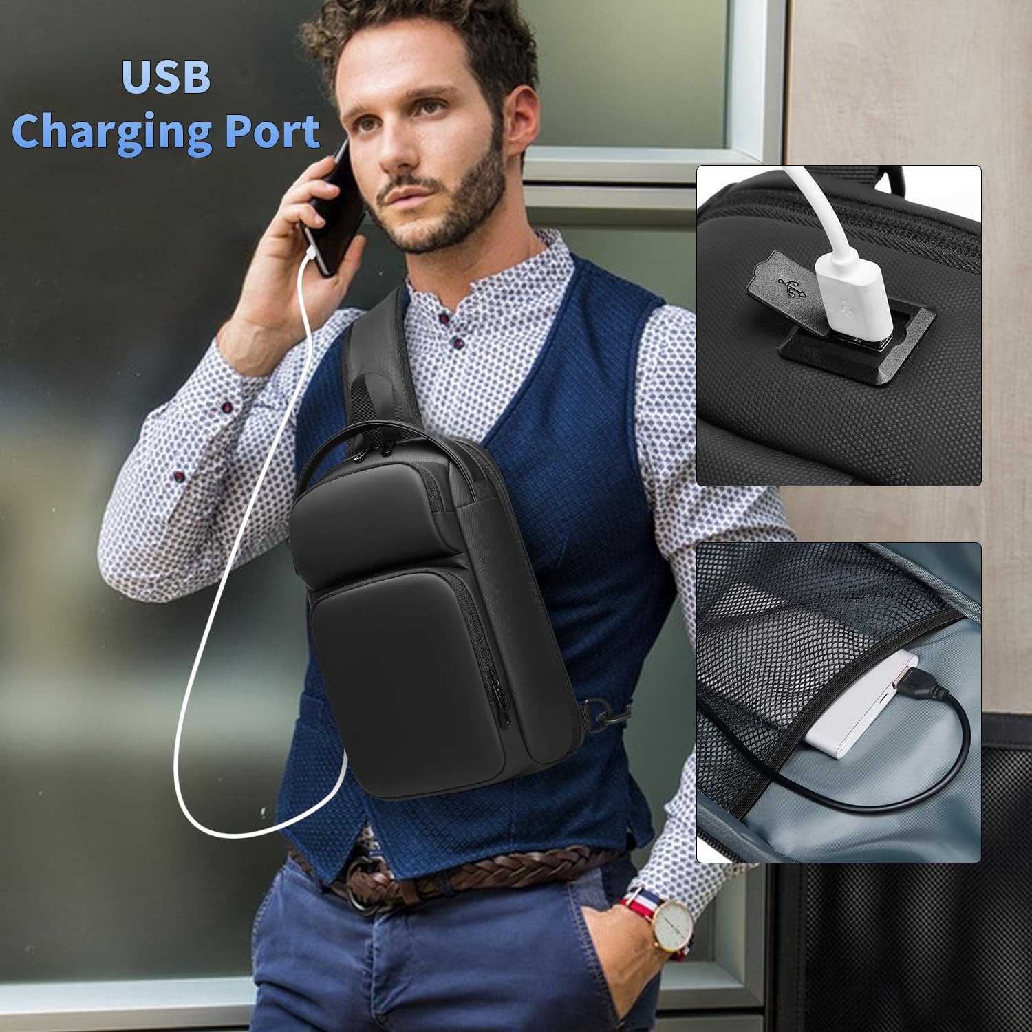 Sacoche Homme Bandouliere Imperméable Léger Sac de Poitrine avec Port de Chargement USB Sacoche Ventrale pour Loisirs Sport Travail Affaires Voyage -Noir