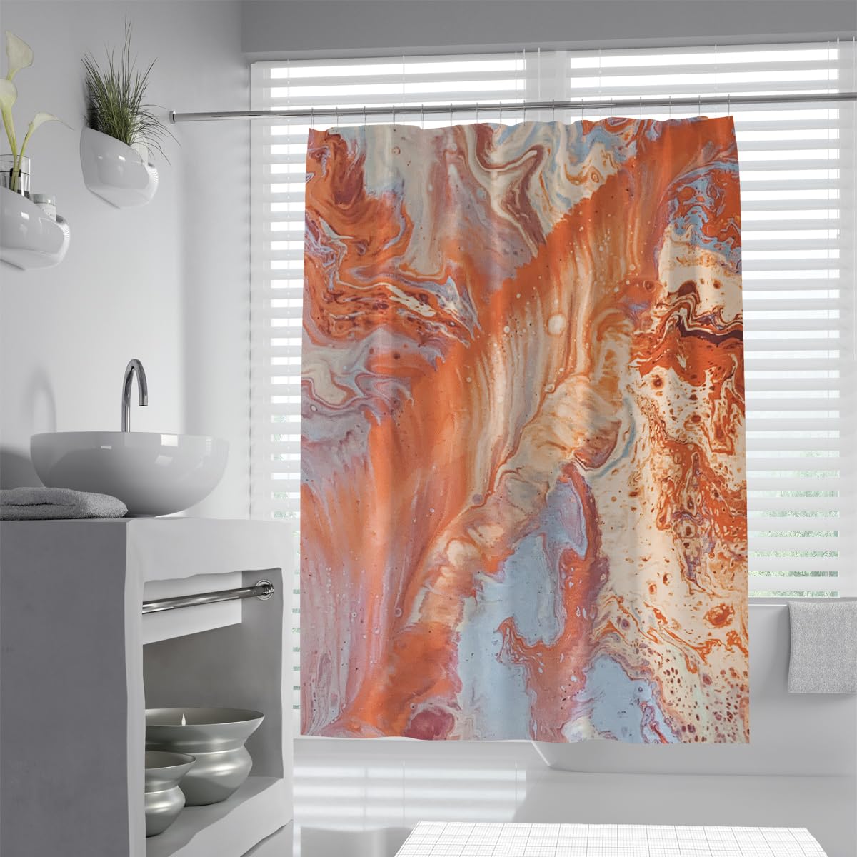 UIRINGART Abstract Bath Curtain W120xL200cm Terracotta Orange Grey Mineral Liquid Swirls Pattern Machine Washable Quick Drying Home and Hotel Bathroom Decor
