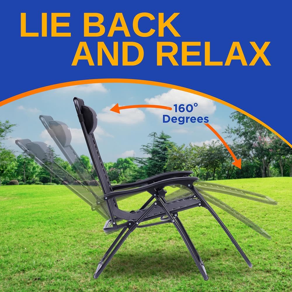 SereneLife Lot Set de 2 Chaises Pliantes - Chaise Longue Réglable pour Extérieur avec Table Latérale, Porte-Gobelets, Oreillers Amovibles - Patio, Jardin, Plage - Noir délavé