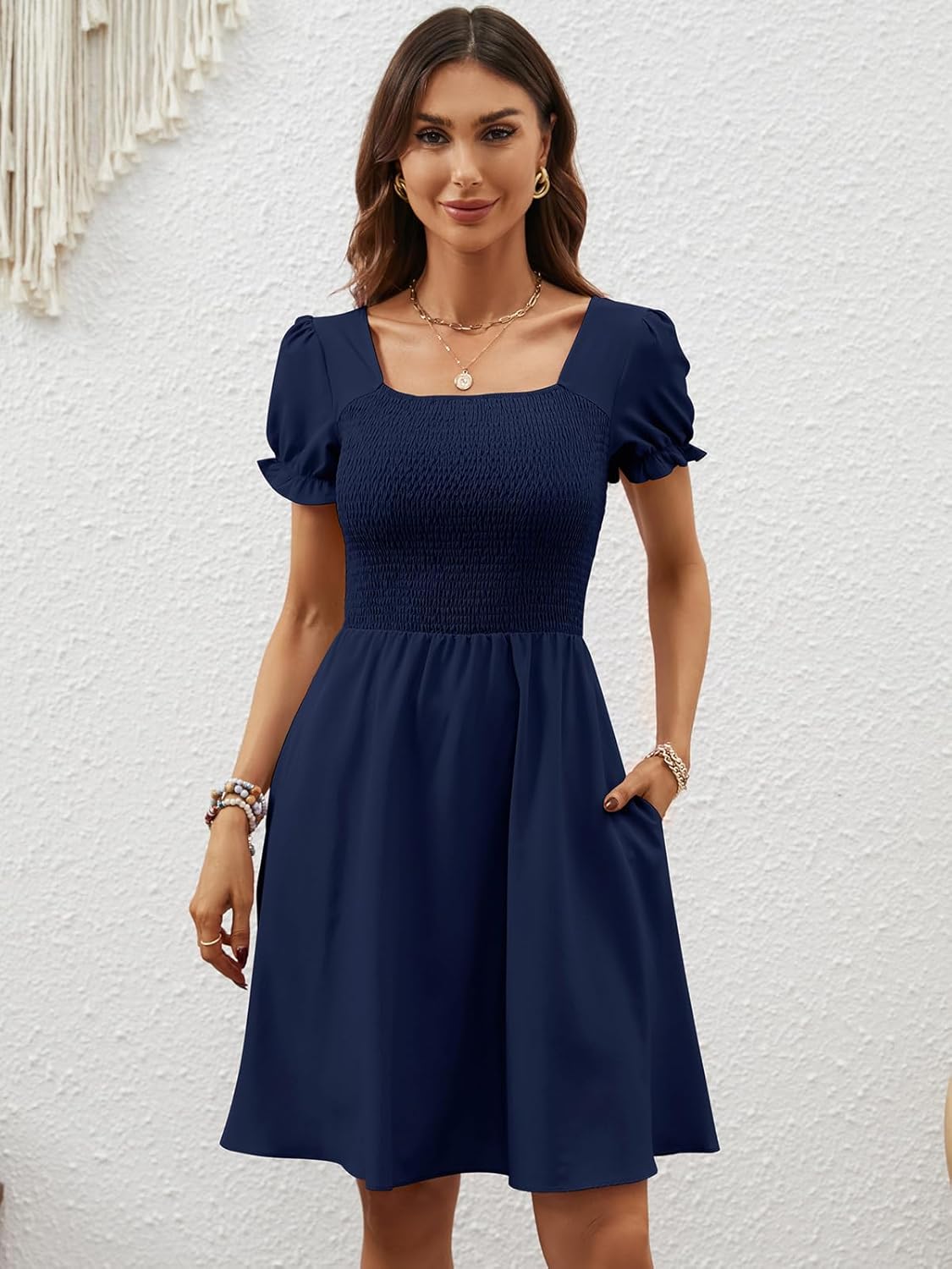 Berydress Women's Summer Dresses 2025 Pockets Short Sleeve Square Neck Flowy A Line Casual Beach Smocked Mini Sun Dress - Image 4