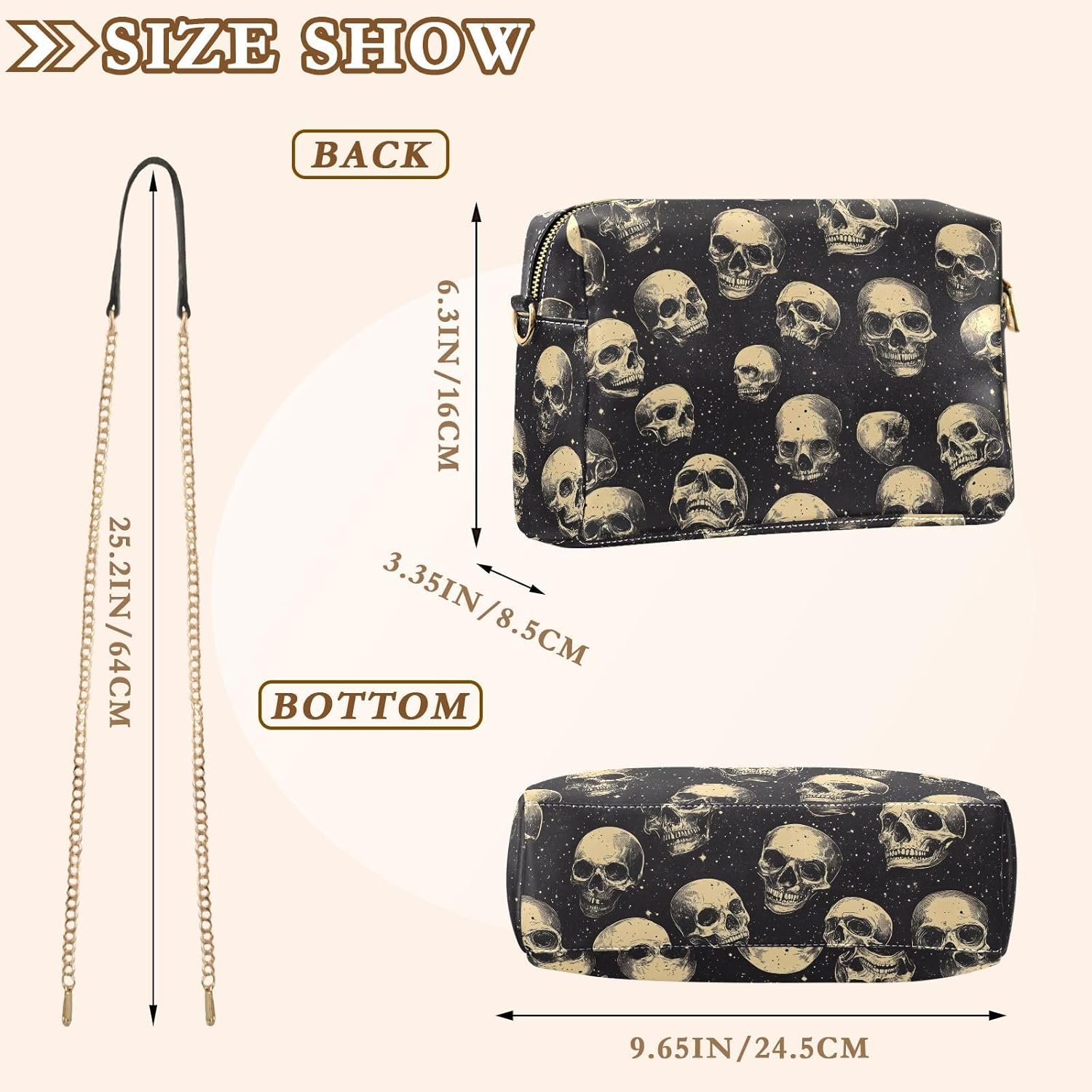 Women Crossbody Bag Shoulder Handbag Cellphone Purse PU Leather Metal Chain Strap Water Resistant Zipper Closure Vintage Skull Pattern Print