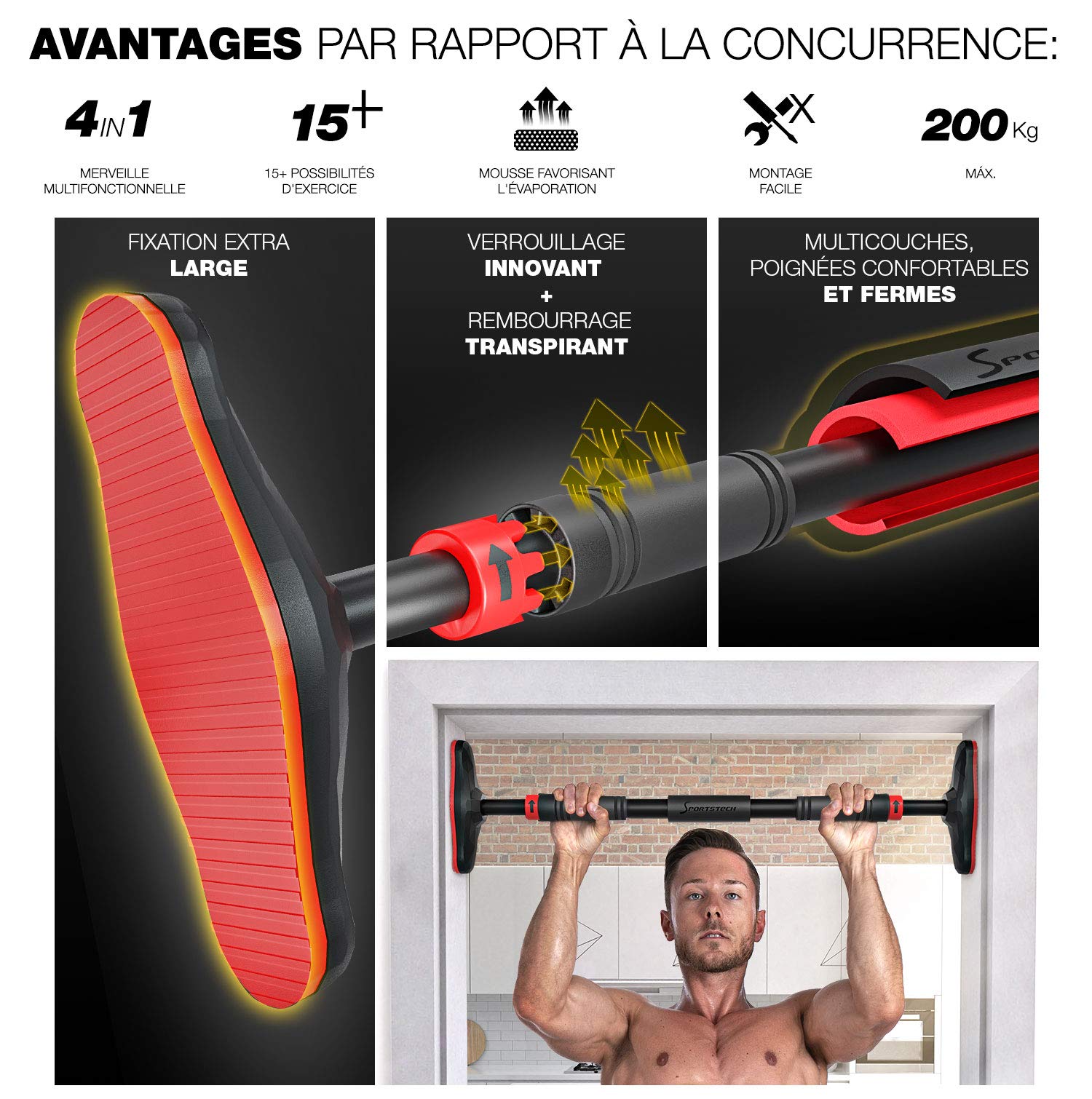 SPORTSTECH - Barre De Traction KS270 - Fitness, Musculation Et Renforcement Musculaire - Fixation Extra-Large par Pression avec Verrouillage De Sécurité Gear Lock - 70 À 90 cm - Rembourrage Mousse