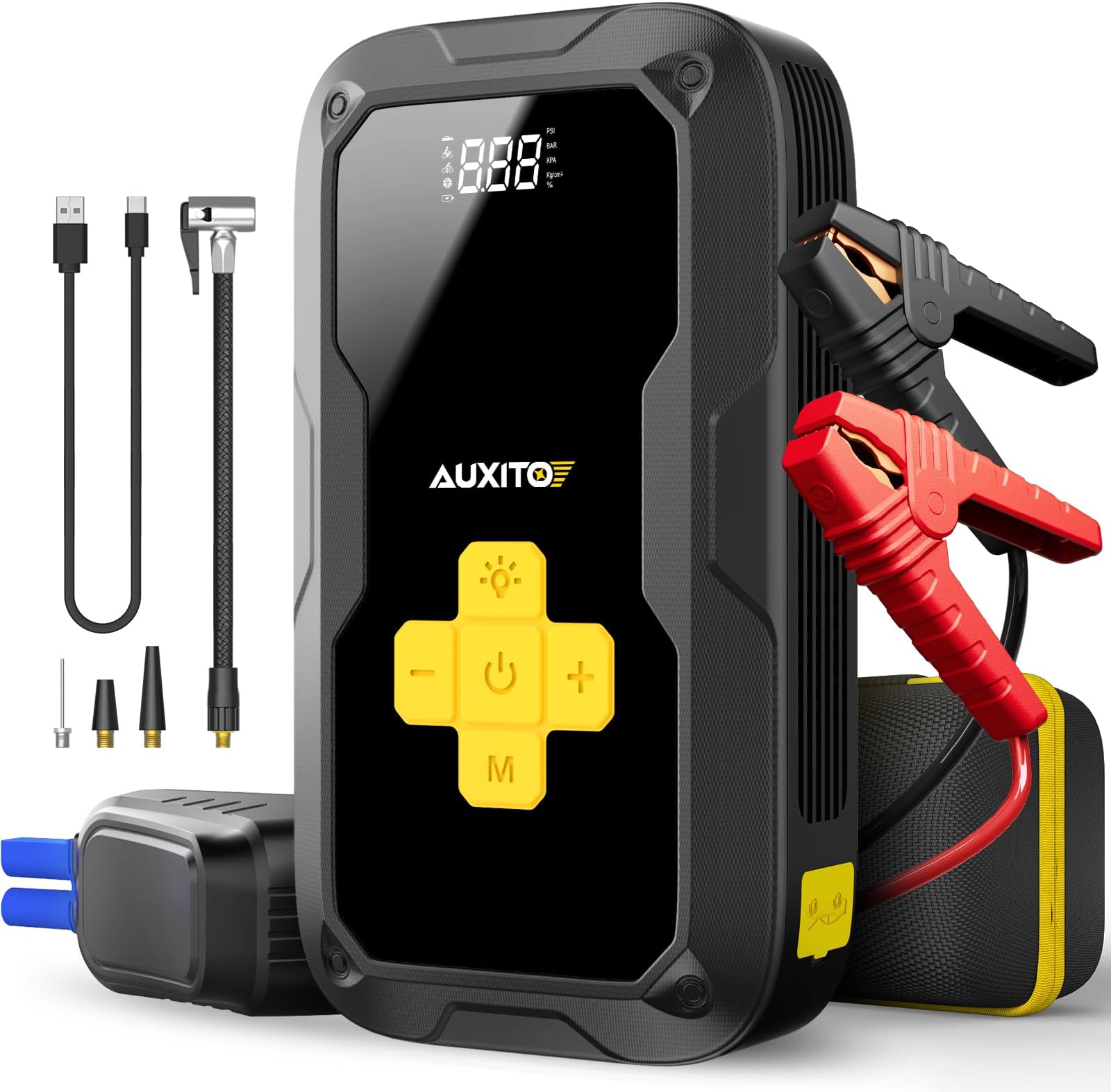 Jump Starter with Air Compressor, AUXITO 3500A Portable Car Jumper, 150PSI Digital Tire Inflator, 12V Jump Box for All Gas/8L Diesel Engine, Power Bank with Type-C Quick Charger, 400LM Emergency Light