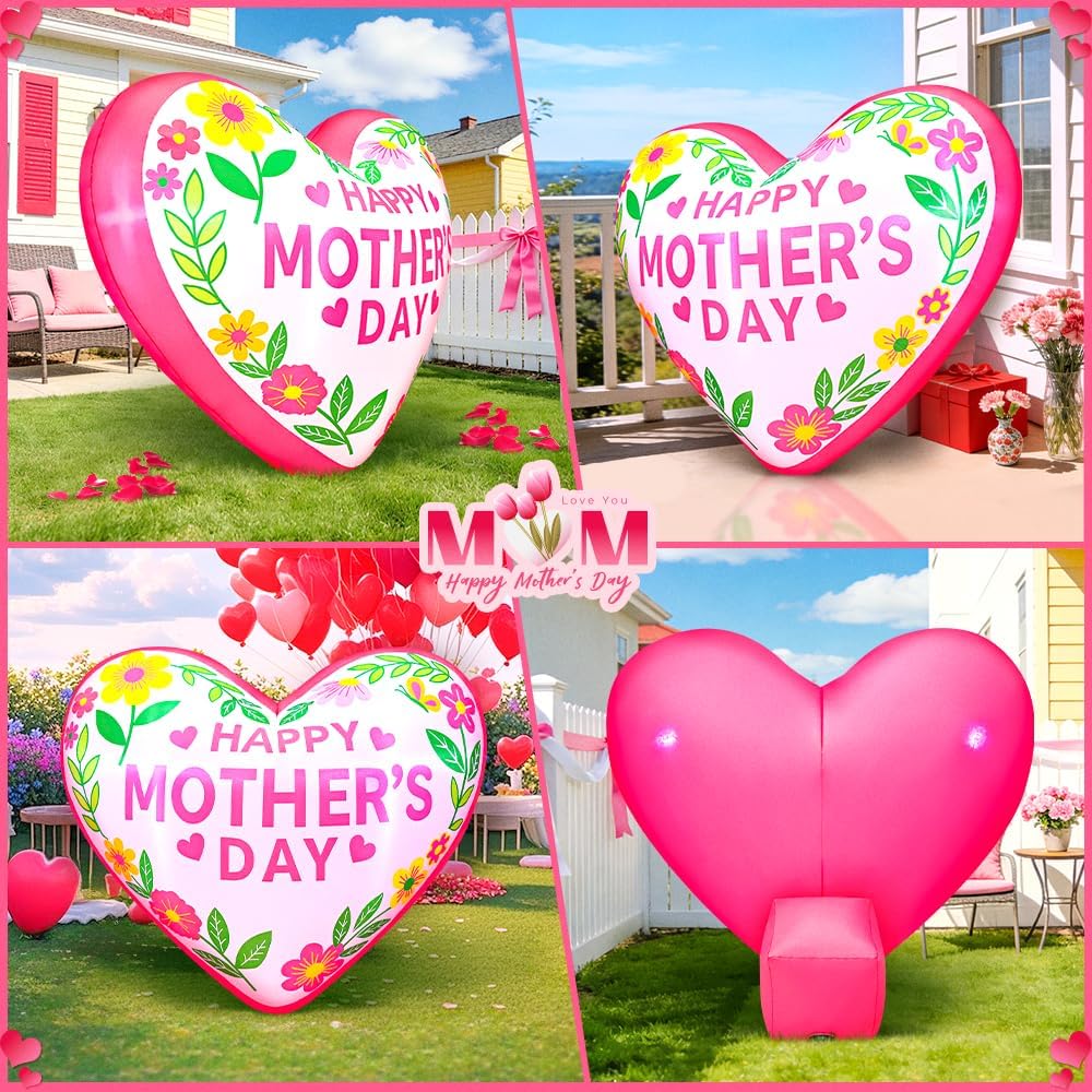 KOOY 4.6FT Mothers Day Inflatables Heart Outdoor Decorations, Built in LED Lights Mothers Day Outdoor Decorations, Blow Up Yard Decoration for Mother's Day Party, Outdoor, Garden, Yard Lawn Decor