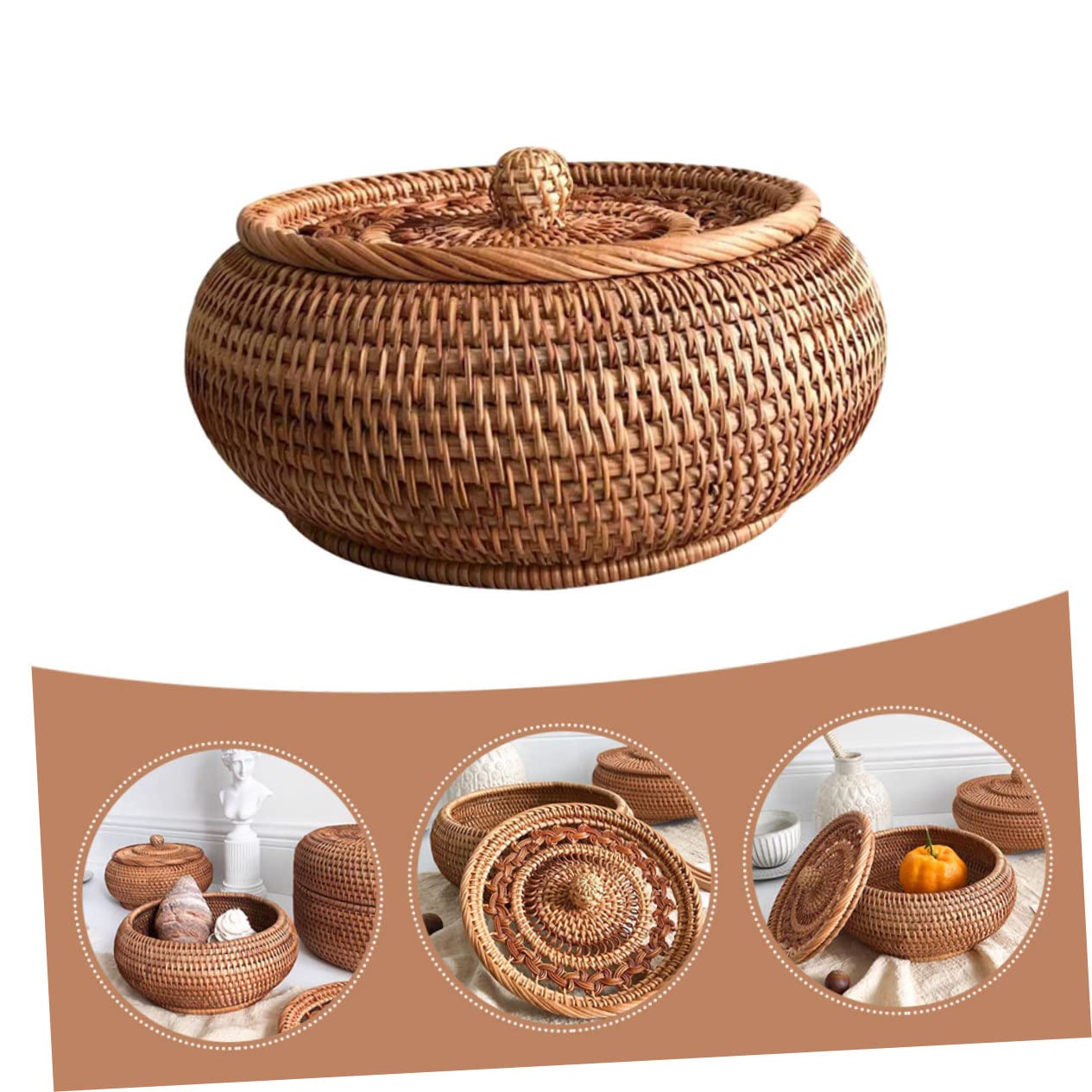 Contenitore per Snack in Rattan Sintetico Handmade Coperchio, Cesto Multiuso per Frutta e Dolci, Adatto per Studio e Regalo di Compleanno