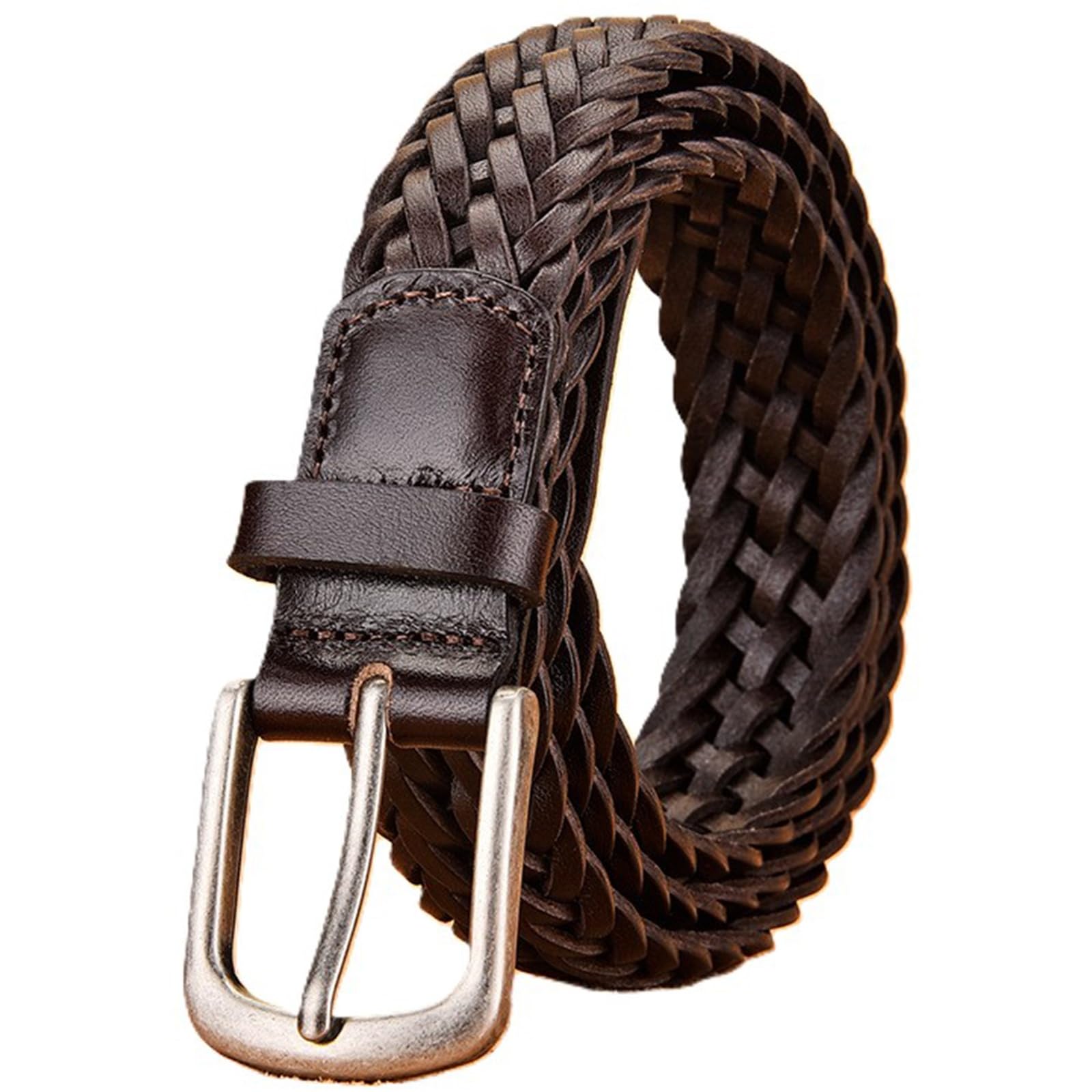 AGUTALITHIC Womens Mens Fully Adjustable Leather Braided Belt Woven Waist Strap with Prong Alloy Buckle for Jeans,Dress,Pants(105cm/41, Coffee-3cm)