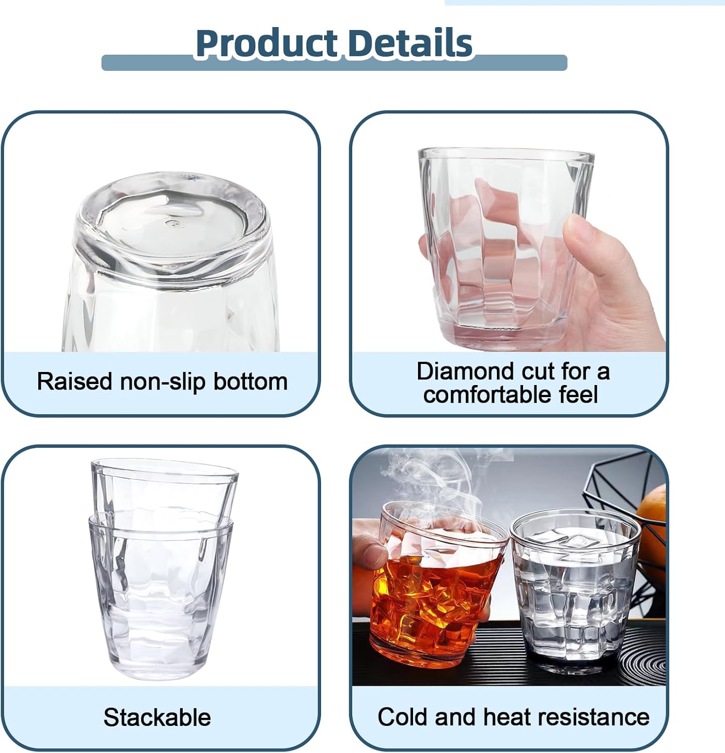 WCHOSOZH 4Pcs Plastic Drinking Glasses, Plastic Tumblers Reusable Drinking Cups, Clear Acrylic Glasses Drinkware 10oz, Stackable Unbreakable Juice Glasses for Beer Wine Juice Milk, Party and Picnic - Image 4