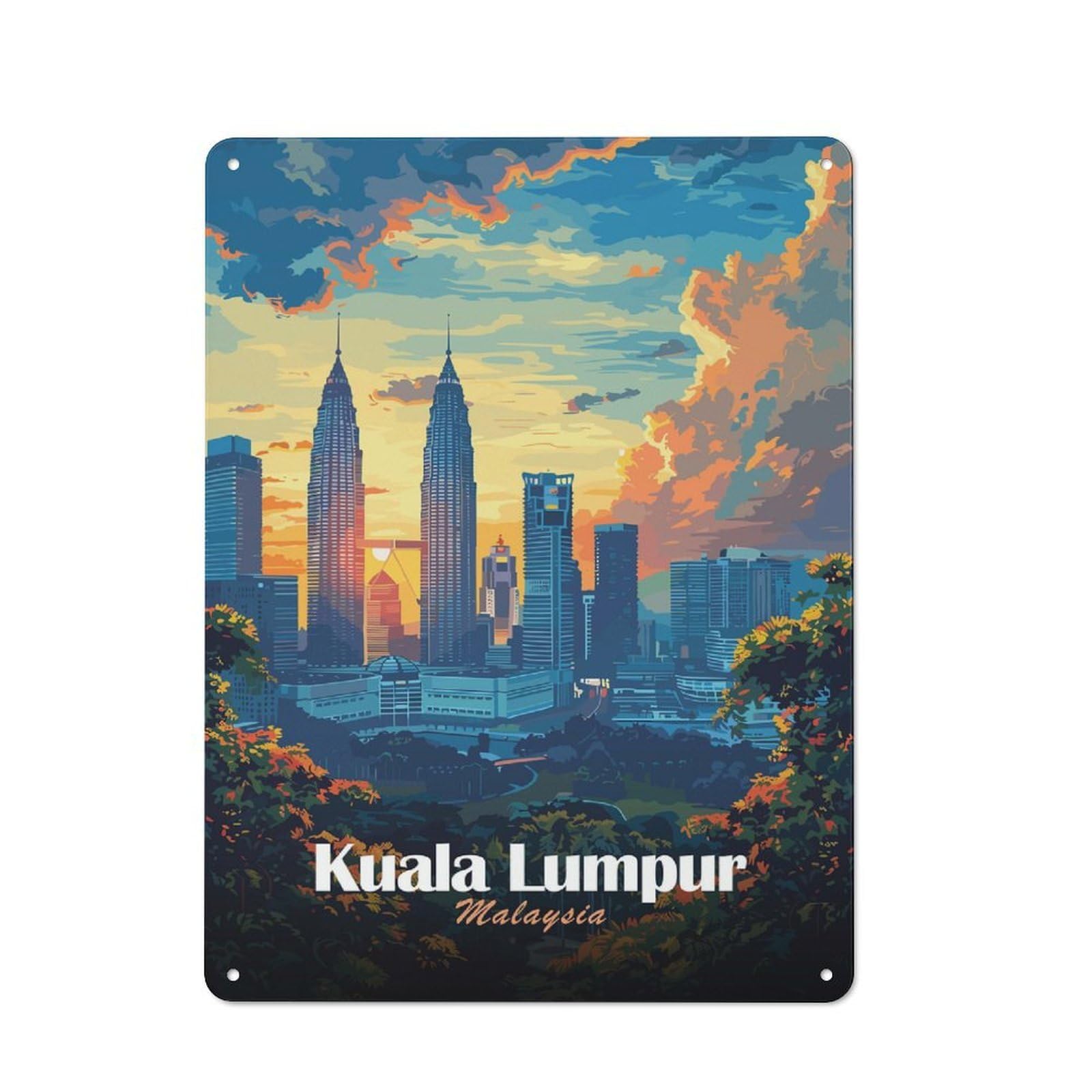 Junmoney Style-9 Tin Wall Plaque 40X30cm With Kuala Lumpur Skyline At Sunset For Guest Room Or Hallway, For Updating Guest Room And Hallway After Moving